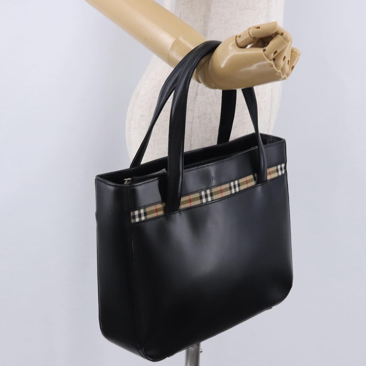 Burberrys Nova Check Hand Bag Leather Black Beige Auth 202233