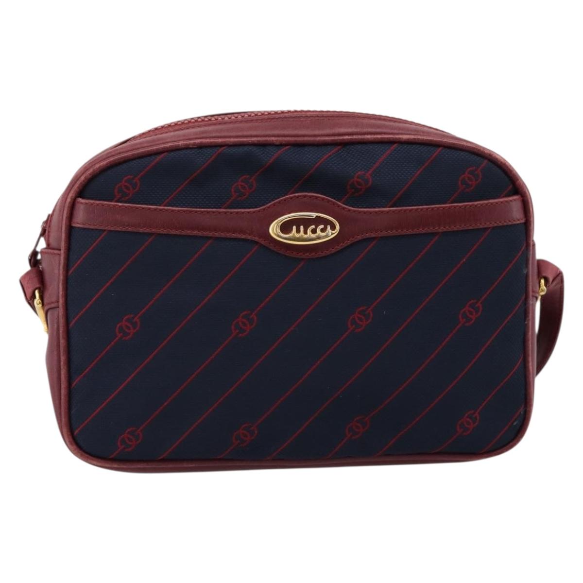 GUCCI Horsebit Shoulder Bag Canvas Navy Gold Tone Auth 202249