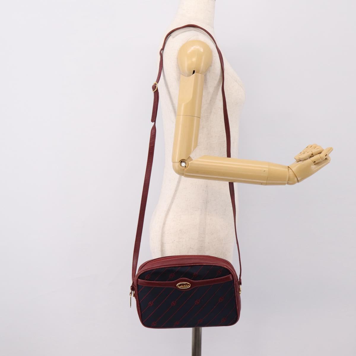 GUCCI Horsebit Shoulder Bag Canvas Navy Gold Tone Auth 202249