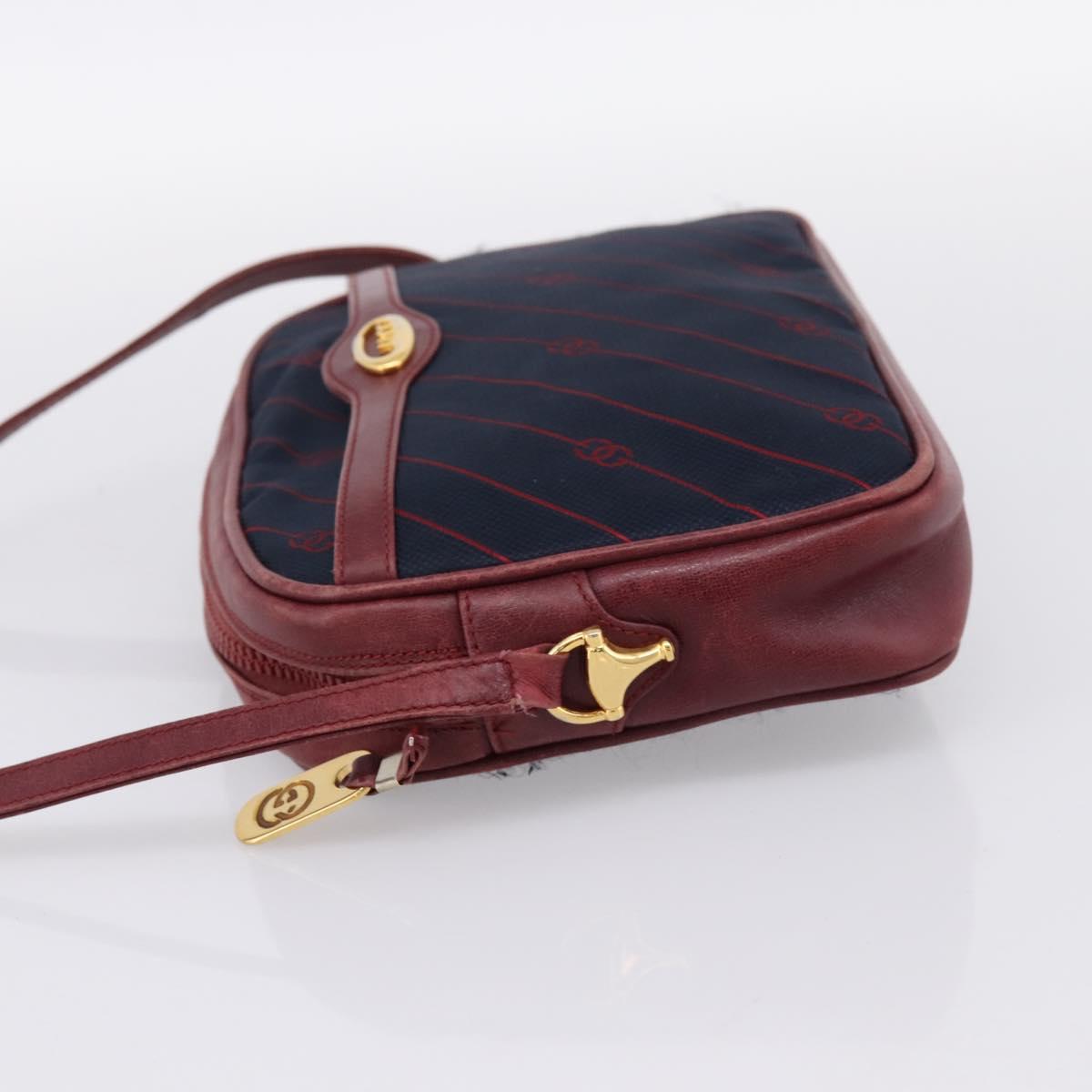 GUCCI Horsebit Shoulder Bag Canvas Navy Gold Tone Auth 202249