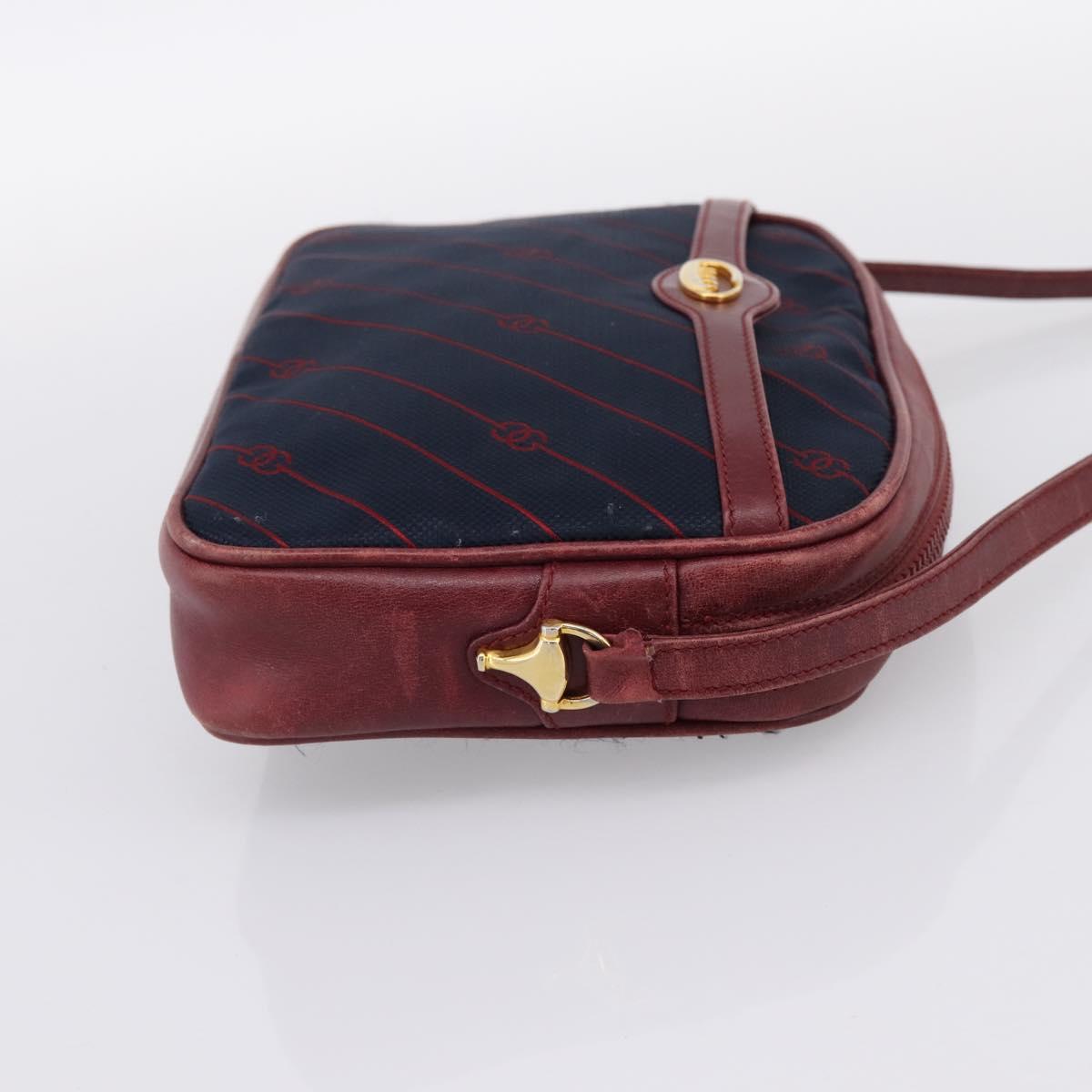 GUCCI Horsebit Shoulder Bag Canvas Navy Gold Tone Auth 202249