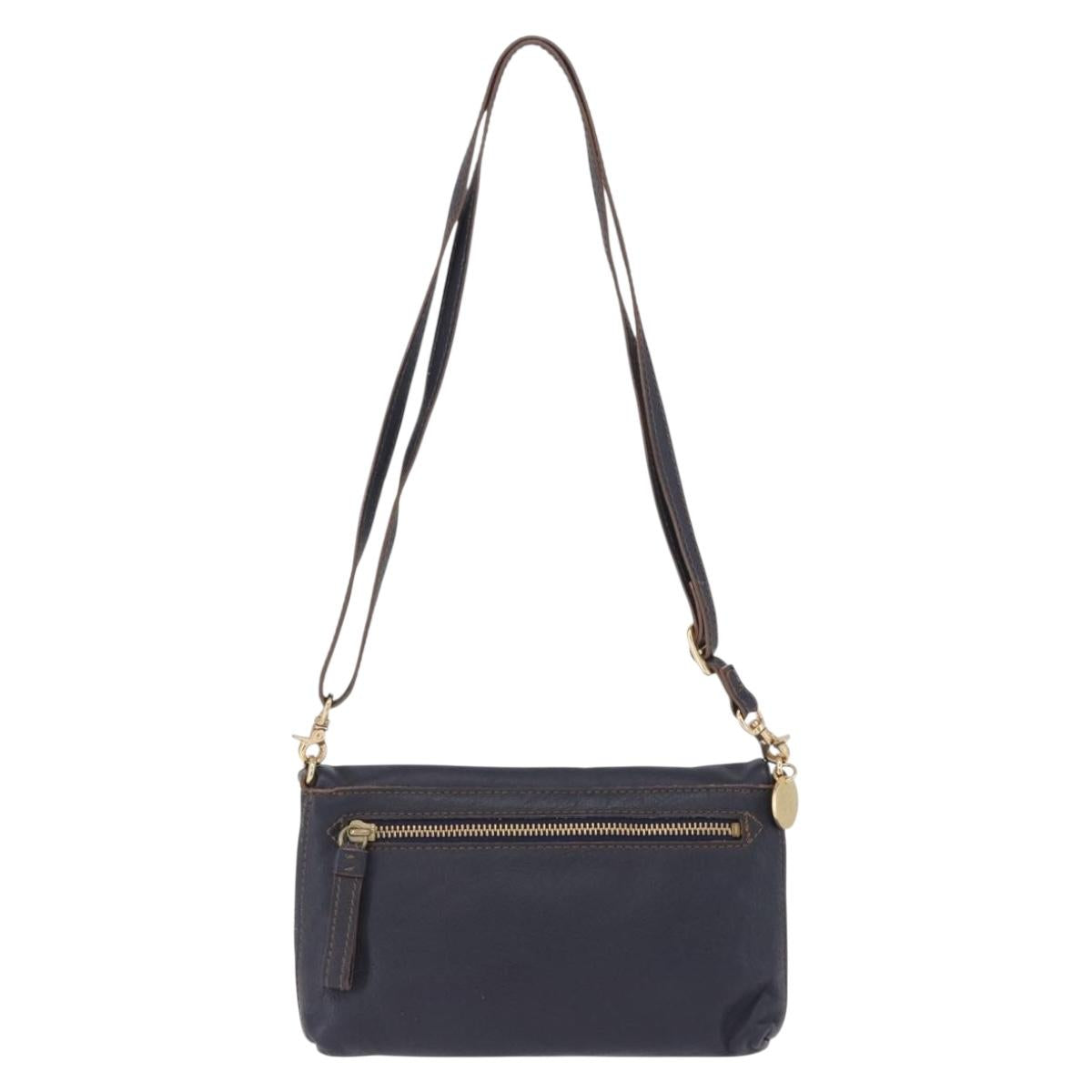 BURBERRY Shoulder Bag Leather Navy Gold Tone Auth 202255