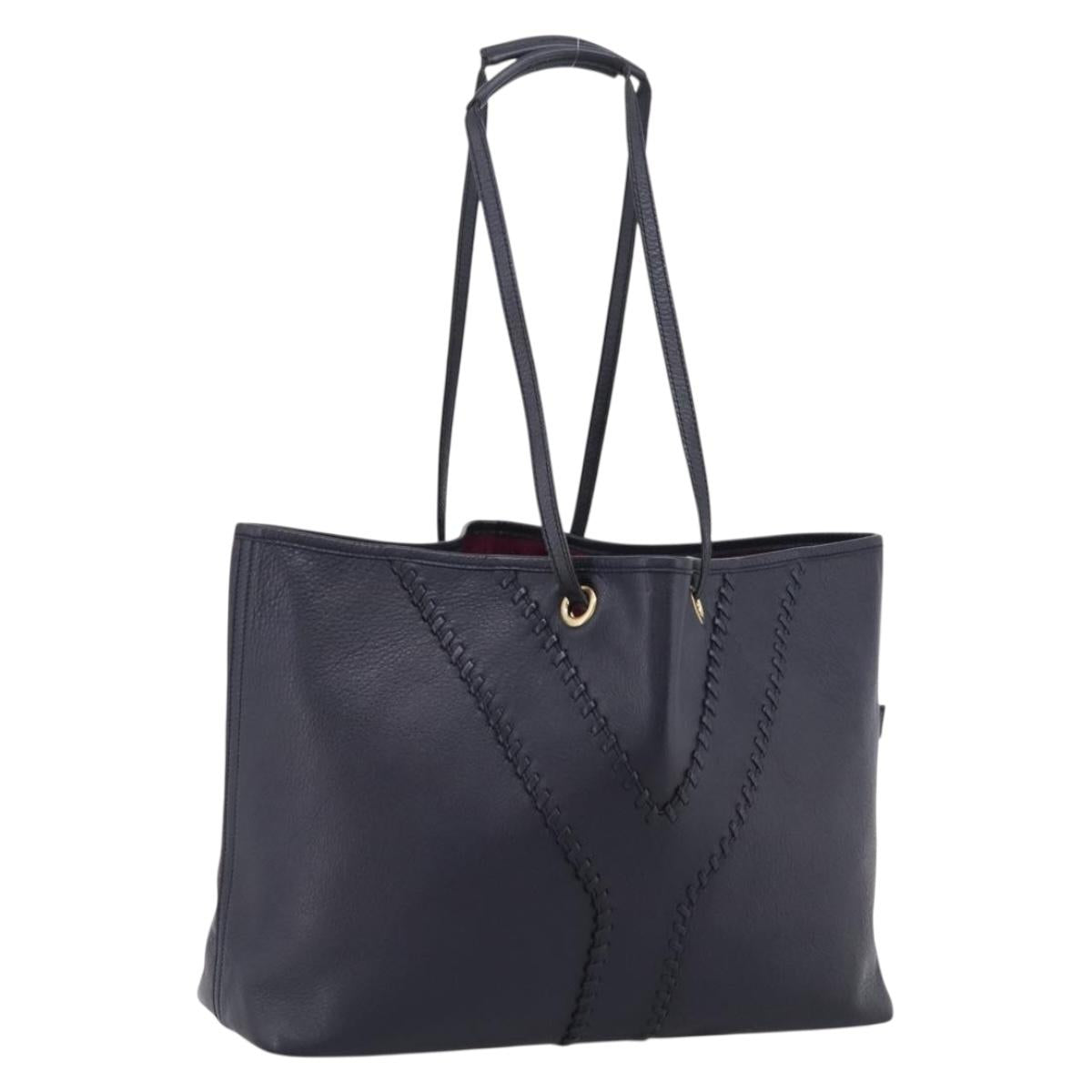 SAINT LAURENT Tote Bag Leather Navy Gold Tone Auth 202263A
