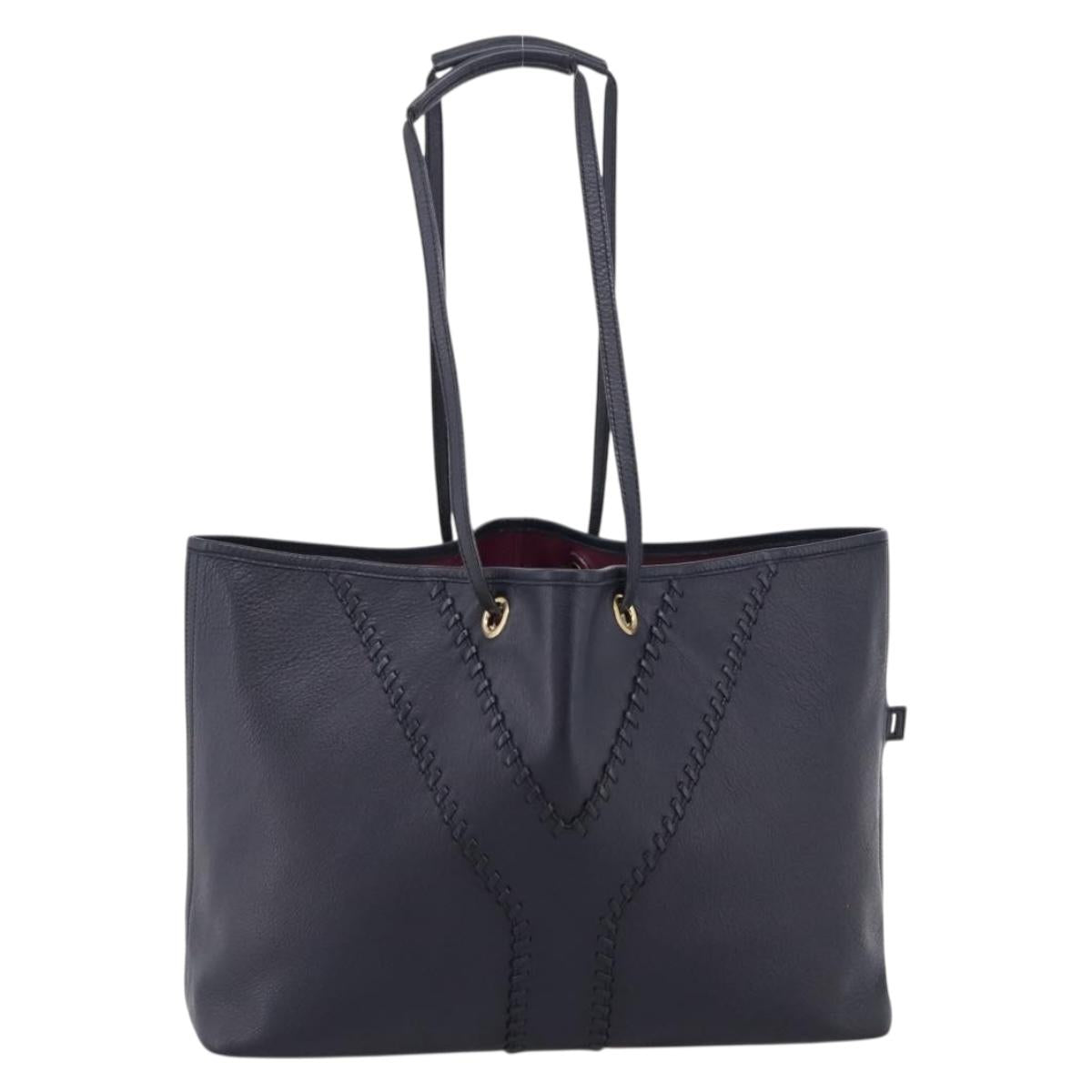 SAINT LAURENT Tote Bag Leather Navy Gold Tone Auth 202263A