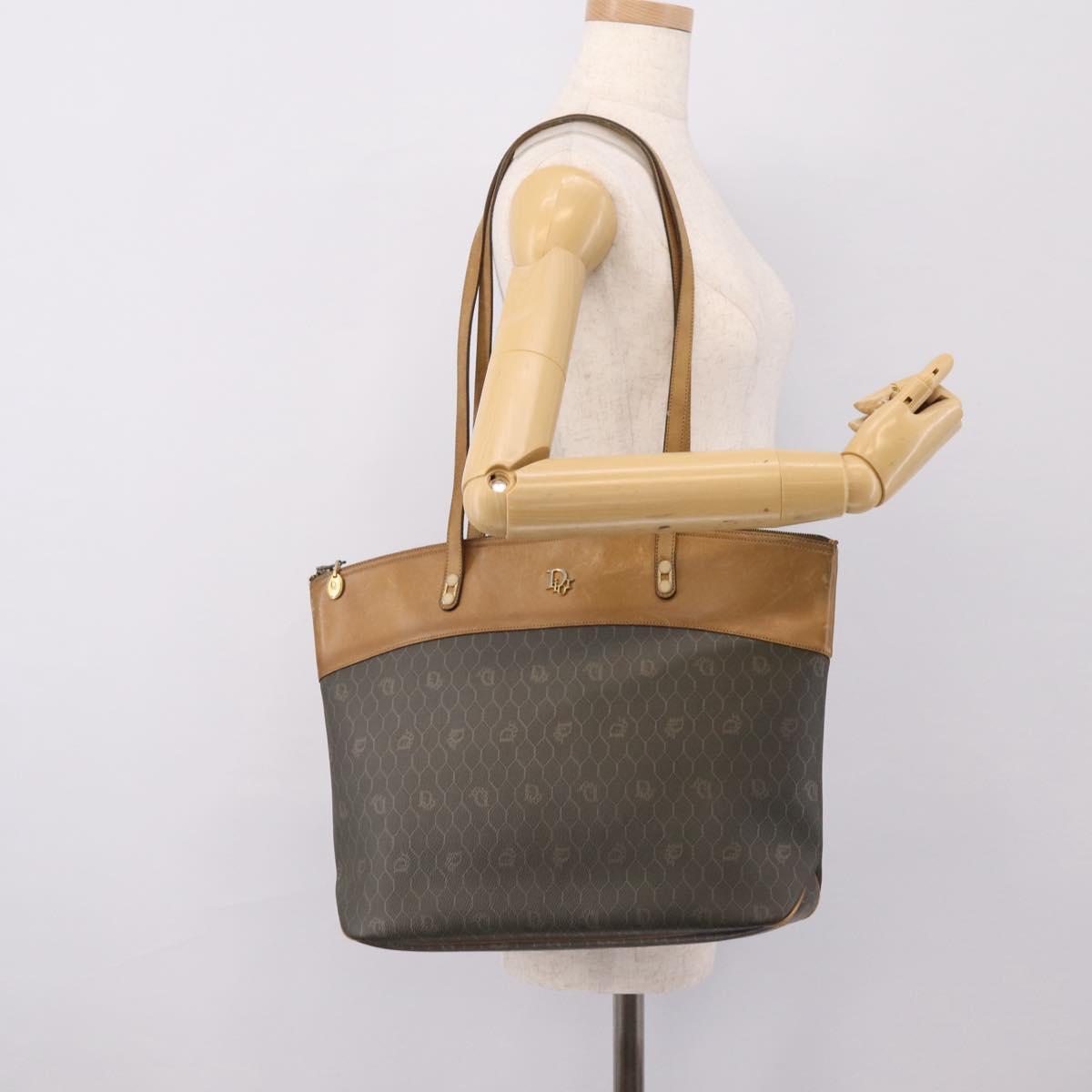 Christian Dior Honeycomb Tote Bag PVC Leather Khaki Gold Tone Auth 202274