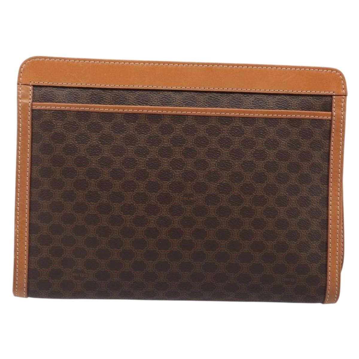 CELINE Macadam Clutch Bag PVC Leather Brown Gold Tone Auth 202284A