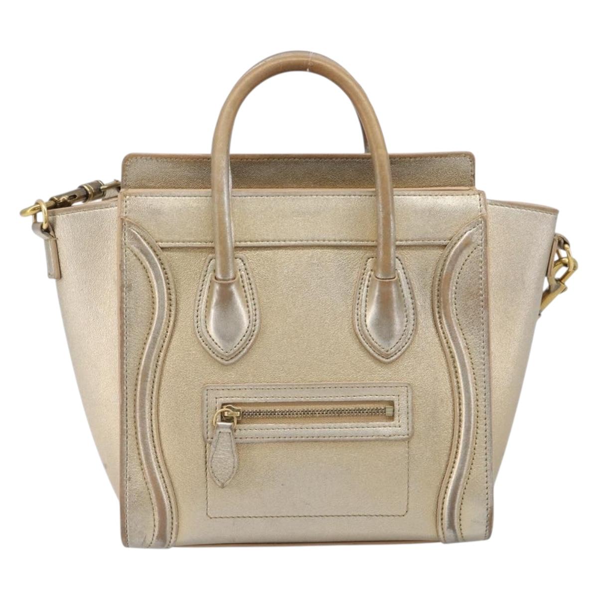 CELINE Luggage Nano Shopper Hand Bag Leather 2way Gold Auth 202288A