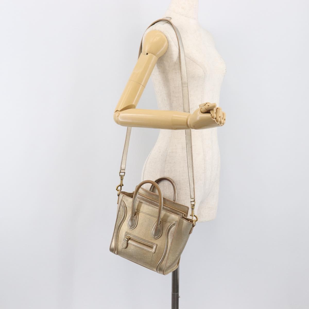 CELINE Luggage Nano Shopper Hand Bag Leather 2way Gold Auth 202288A