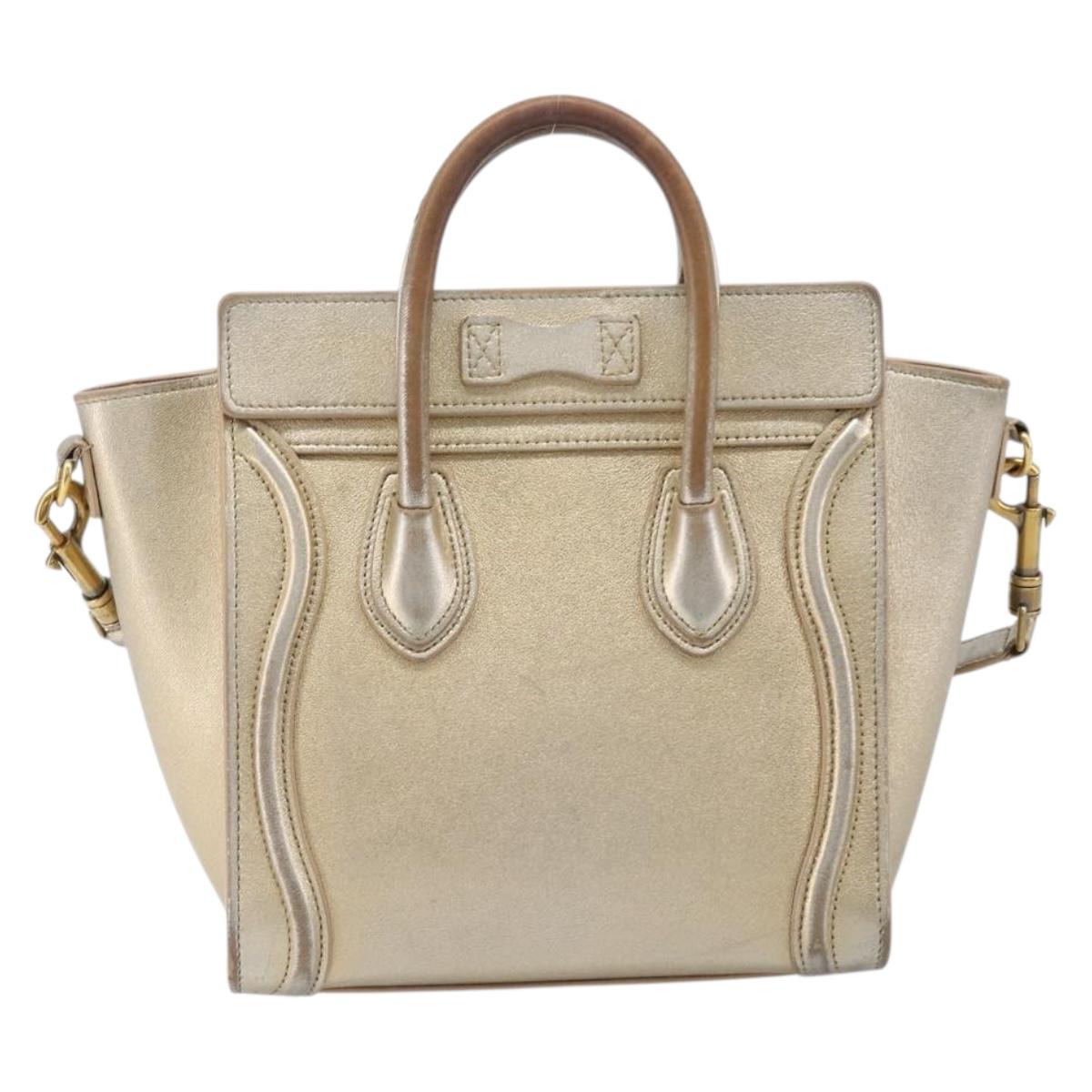 CELINE Luggage Nano Shopper Hand Bag Leather 2way Gold Auth 202288A