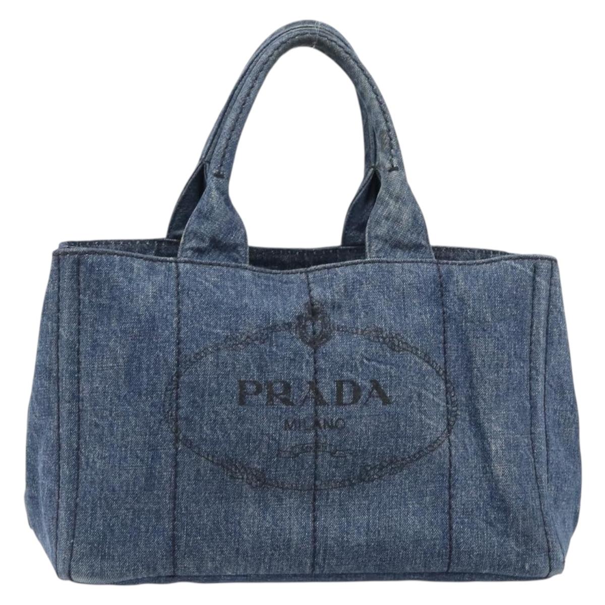 PRADA Canapa MM Hand Bag Denim Blue Gold Tone Auth 202300A