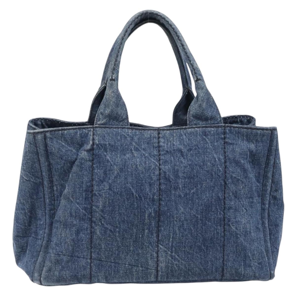 PRADA Canapa MM Hand Bag Denim Blue Gold Tone Auth 202300A
