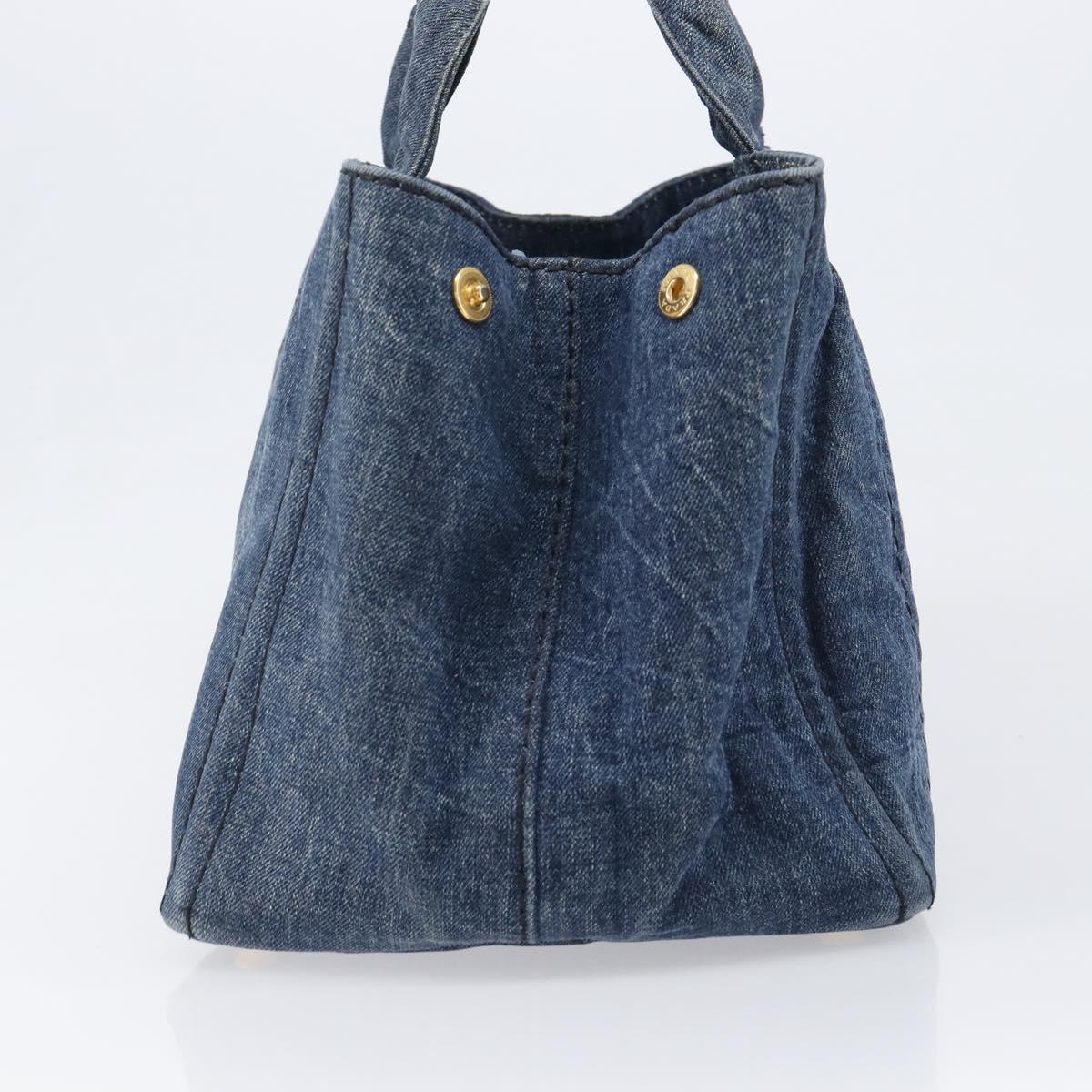 PRADA Canapa MM Hand Bag Denim Blue Gold Tone Auth 202300A