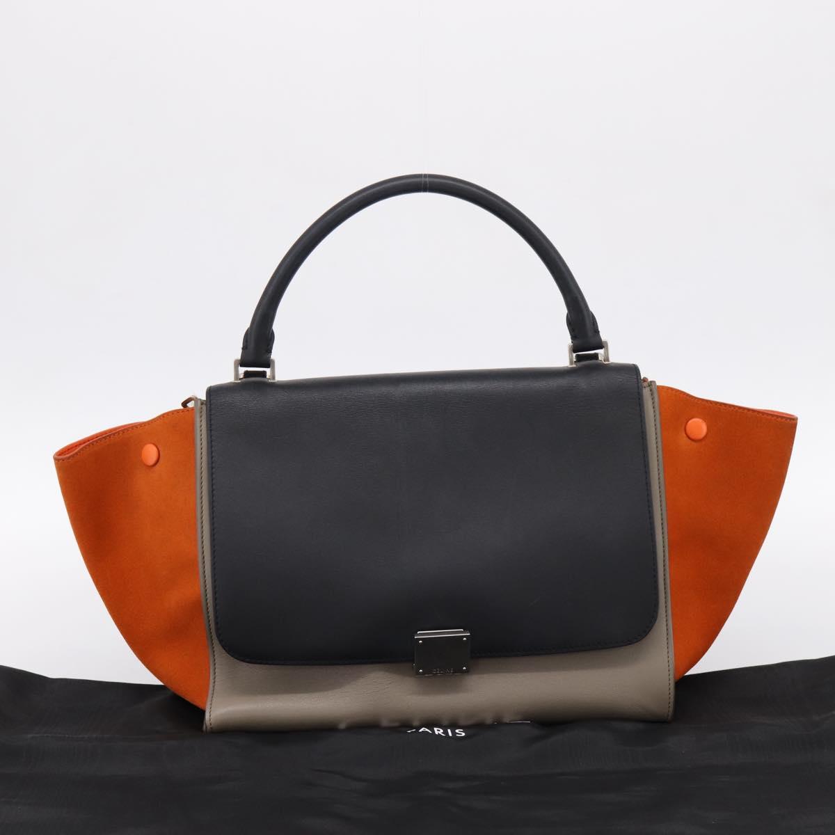 CELINE Trapeze Hand Bag Leather 2way Orange Silver Auth 202307V