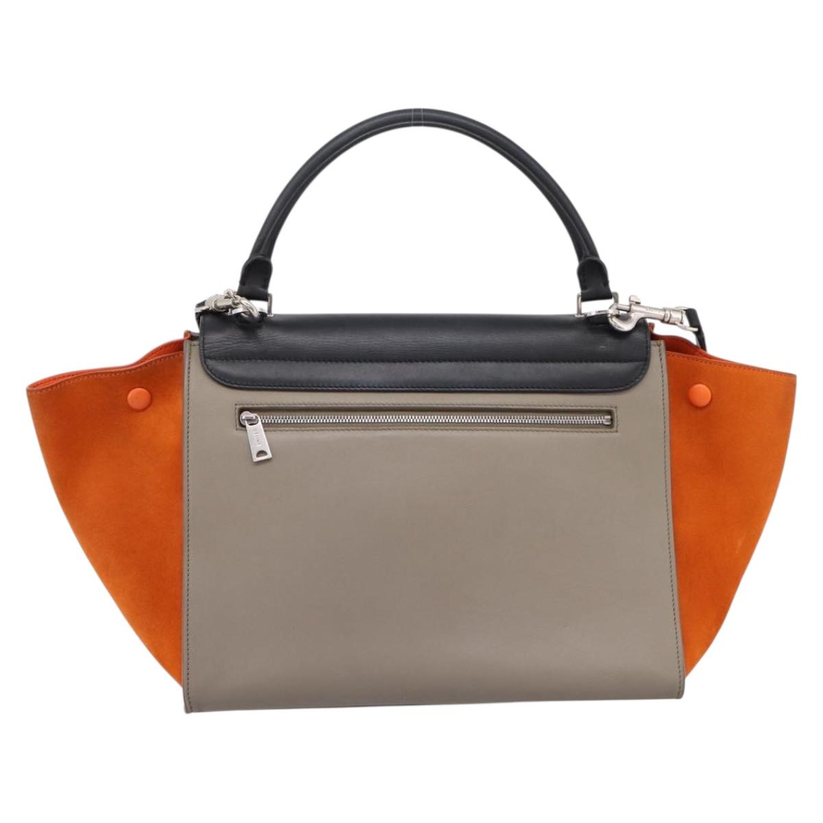 CELINE Trapeze Hand Bag Leather 2way Orange Silver Auth 202307V