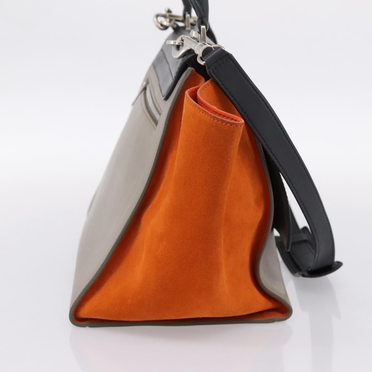 CELINE Trapeze Hand Bag Leather 2way Orange Silver Auth 202307V