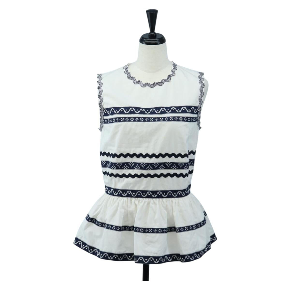 LOUIS VUITTON Sleeveless Top Cotton White Blue LV Auth 202320M