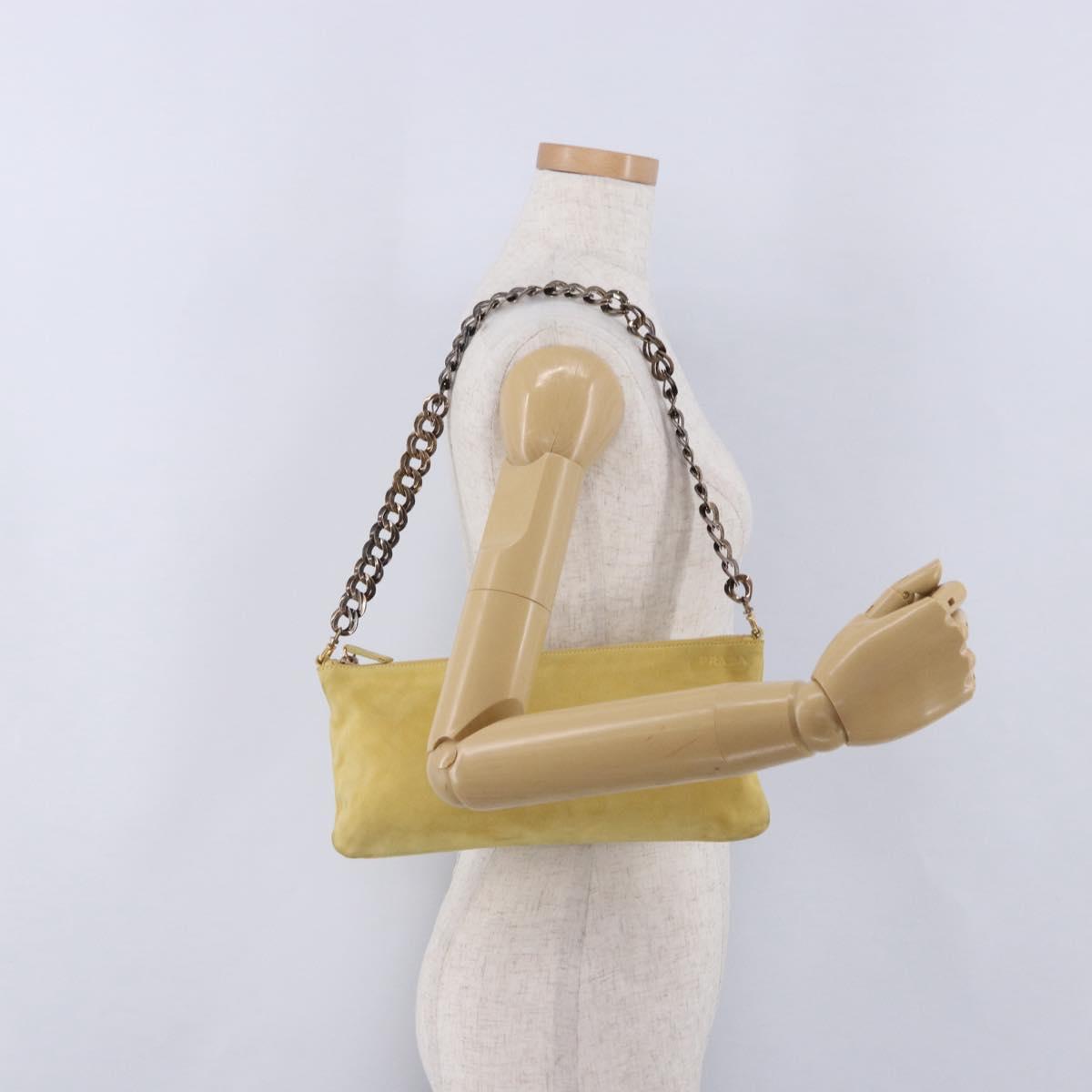 PRADA Chain Shoulder Bag Suede Yellow Gold Auth 202450