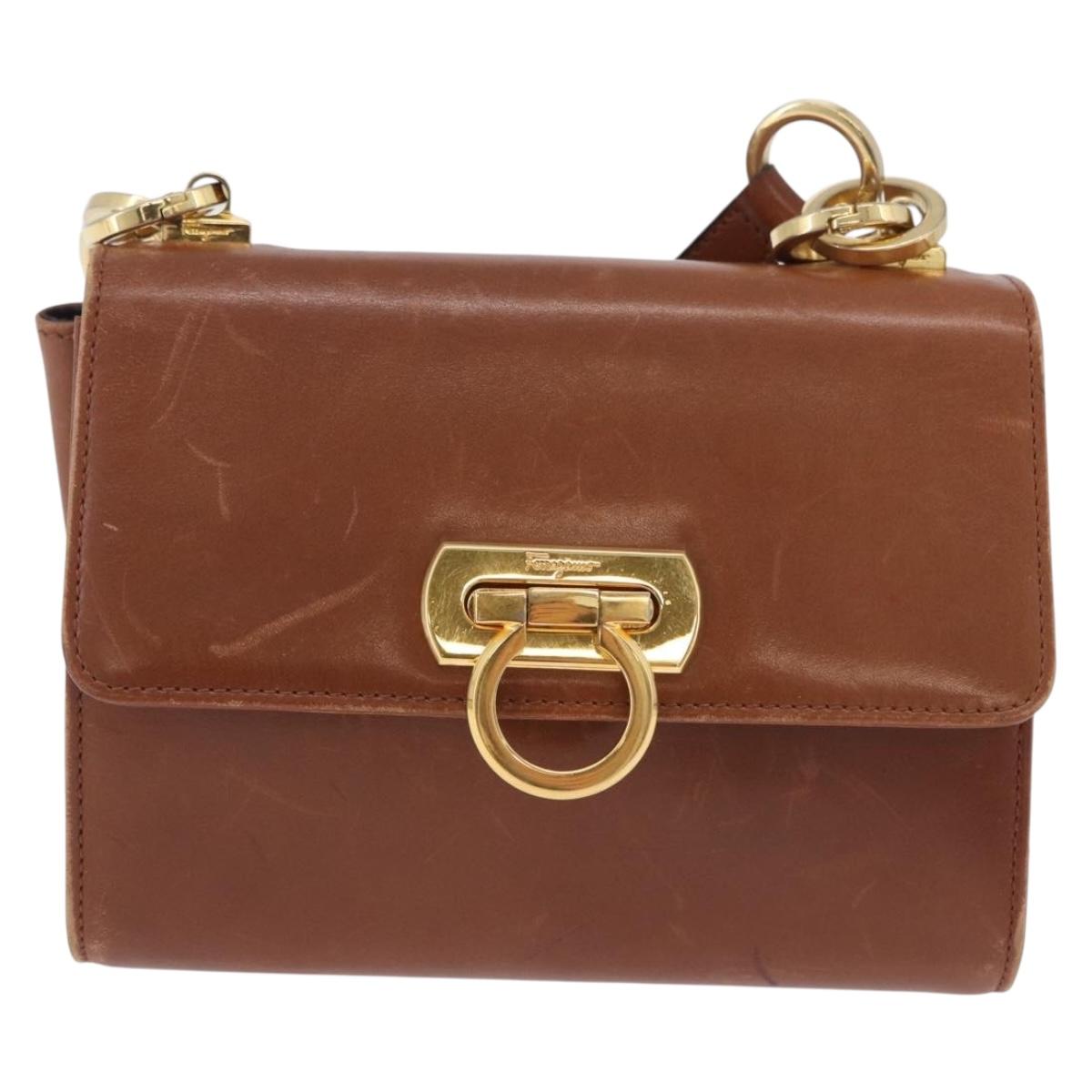 Salvatore Ferragamo Gancini Shoulder Bag Leather Brown Gold Auth 202457