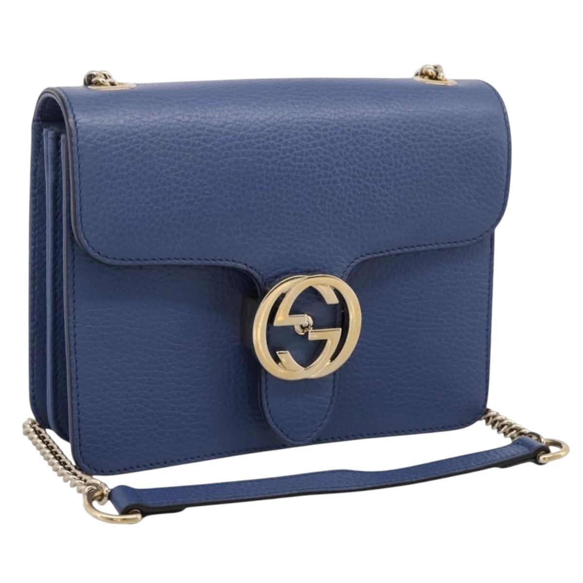 GUCCI Interlocking G Chain Shoulder Bag Leather Blue Gold 510304 Auth 202459V