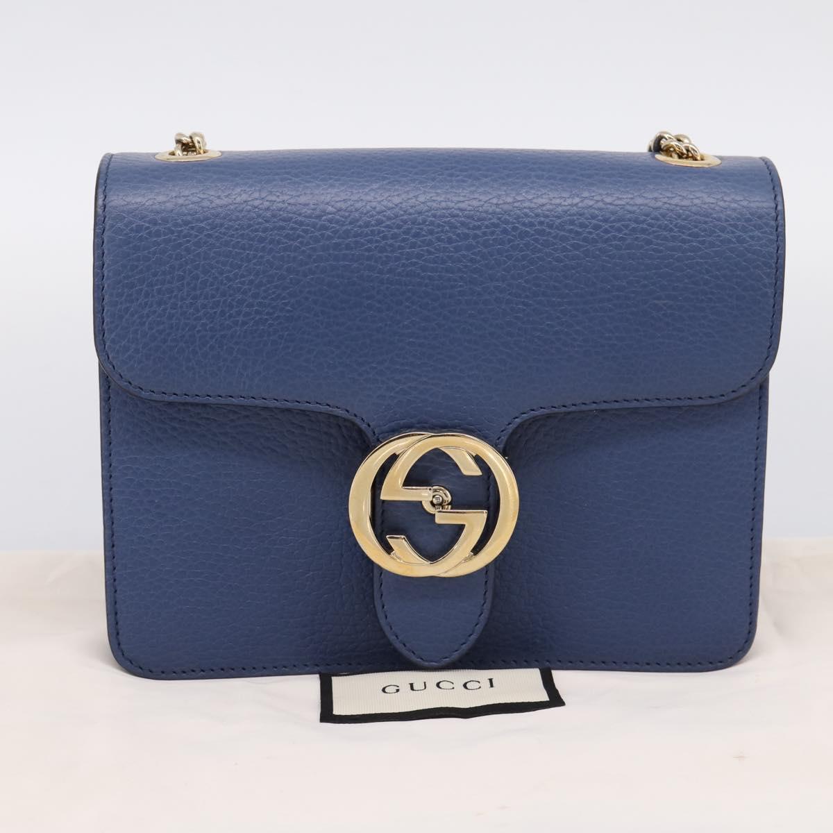 GUCCI Interlocking G Chain Shoulder Bag Leather Blue Gold 510304 Auth 202459V