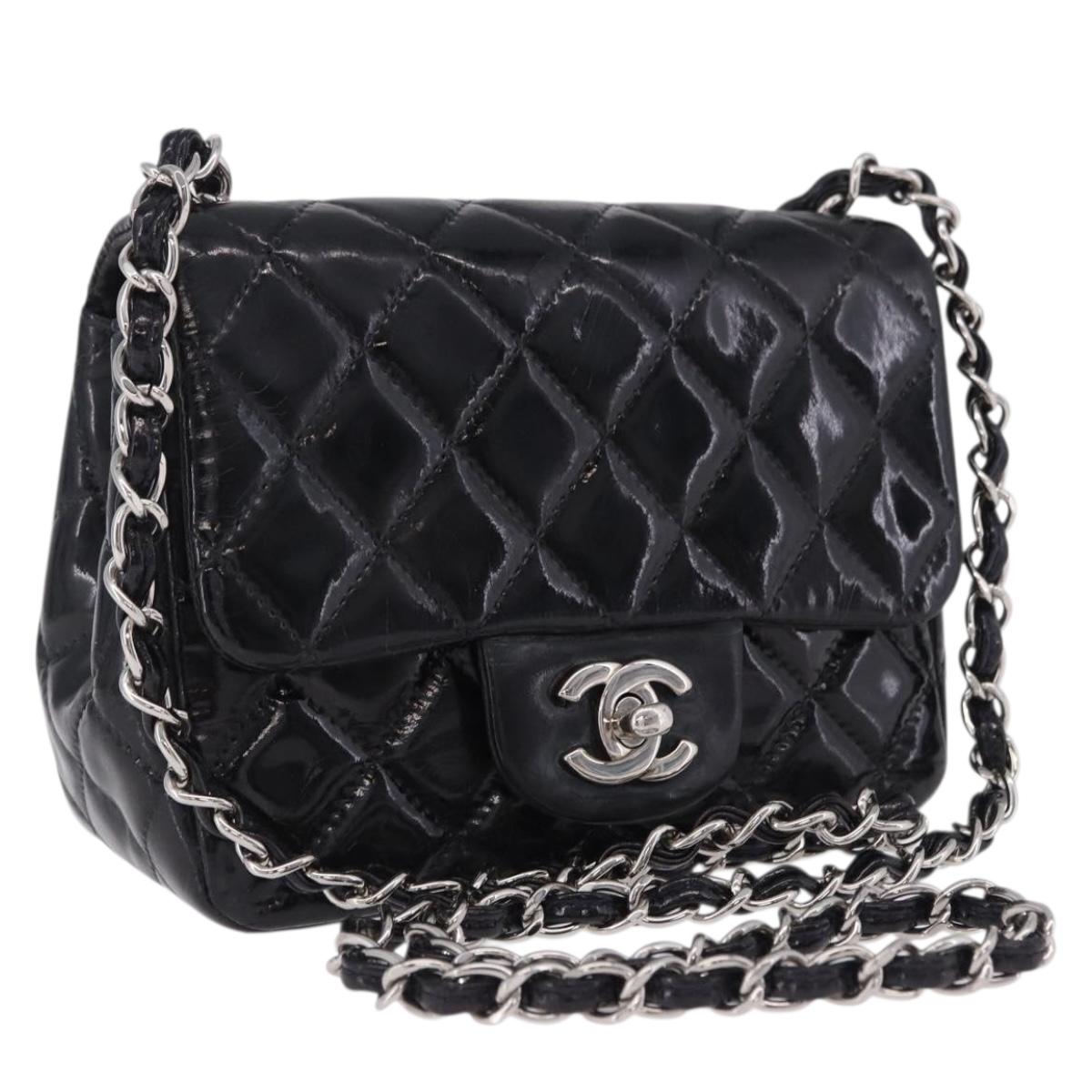 CHANEL Chain Mini Matelasse 16 Bag Patent leather Black Silver CC Auth 202465
