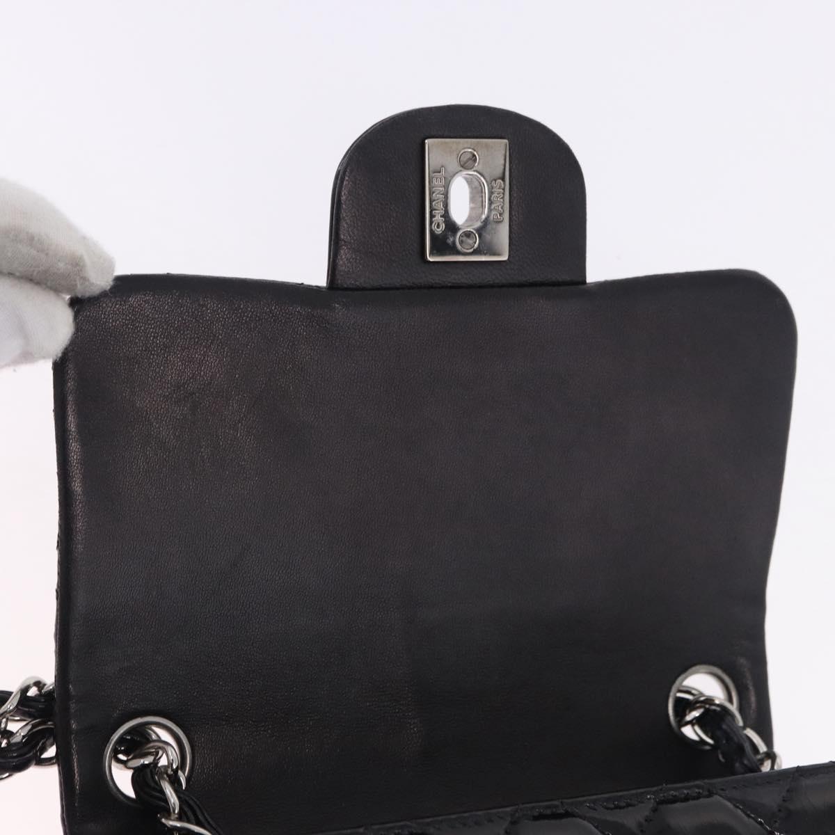CHANEL Chain Mini Matelasse 16 Bag Patent leather Black Silver CC Auth 202465