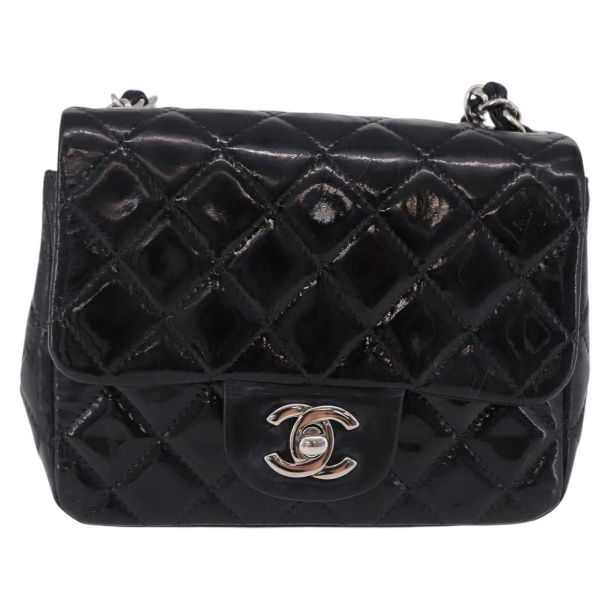 CHANEL Chain Mini Matelasse 16 Bag Patent leather Black Silver CC Auth 202465