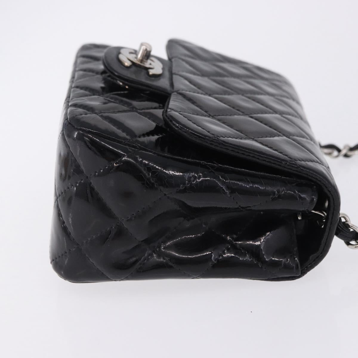 CHANEL Chain Mini Matelasse 16 Bag Patent leather Black Silver CC Auth 202465
