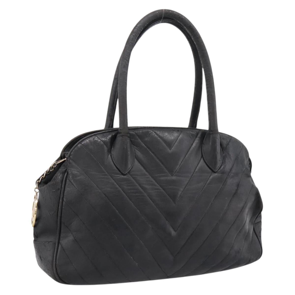 CHANEL V Stitch Hand Bag Leather Black Gold CC Auth 202466