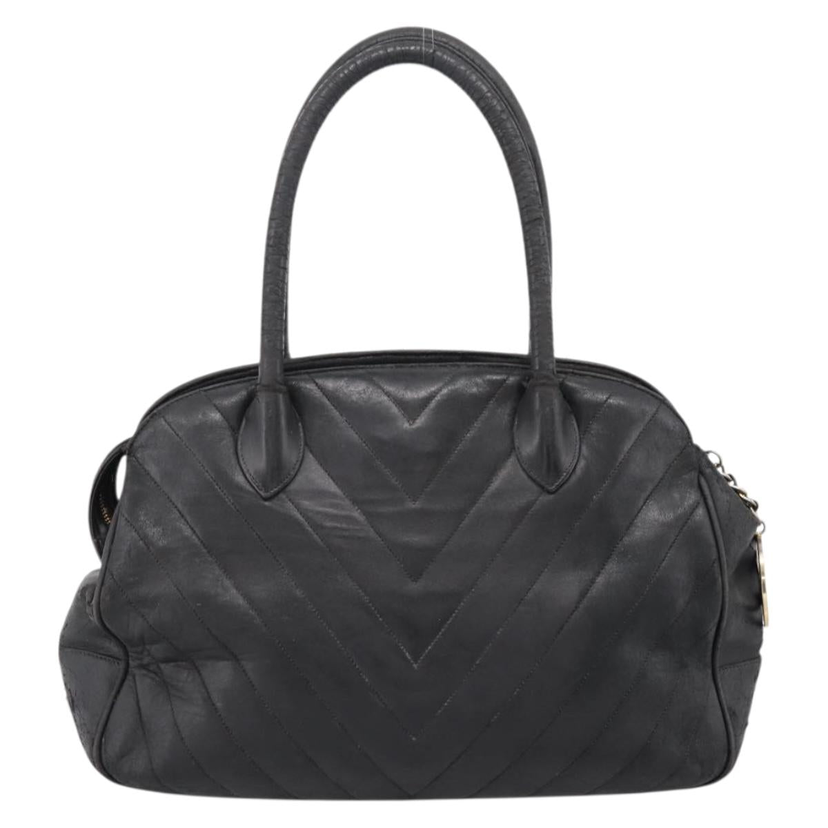 CHANEL V Stitch Hand Bag Leather Black Gold CC Auth 202466