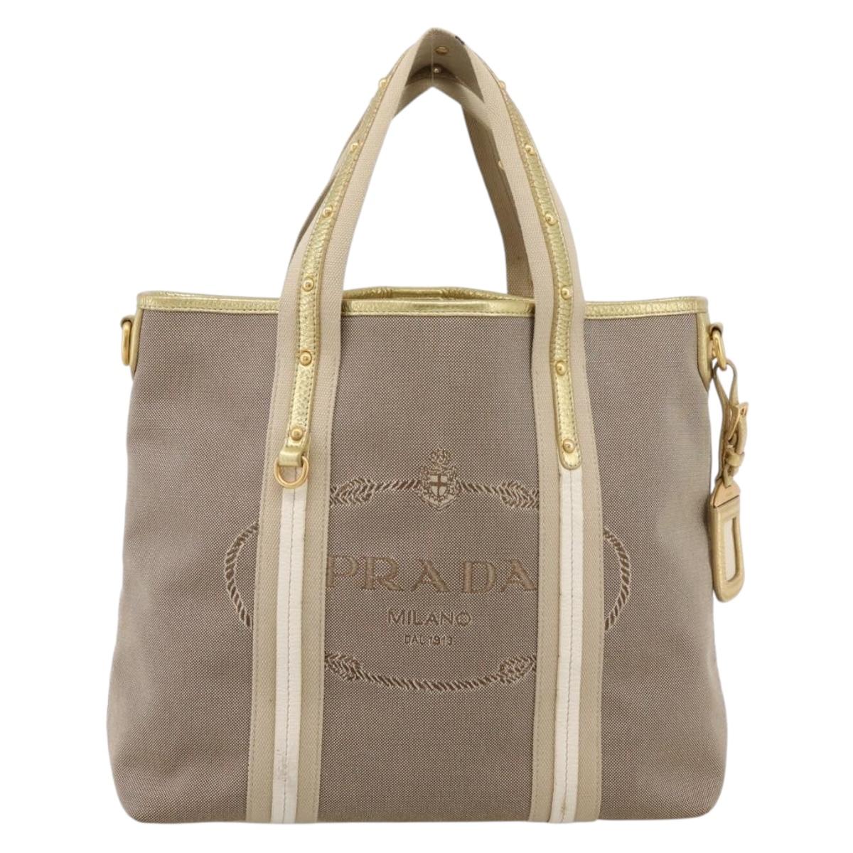 PRADA Hand Bag Jacquard Beige Gold Auth 202467