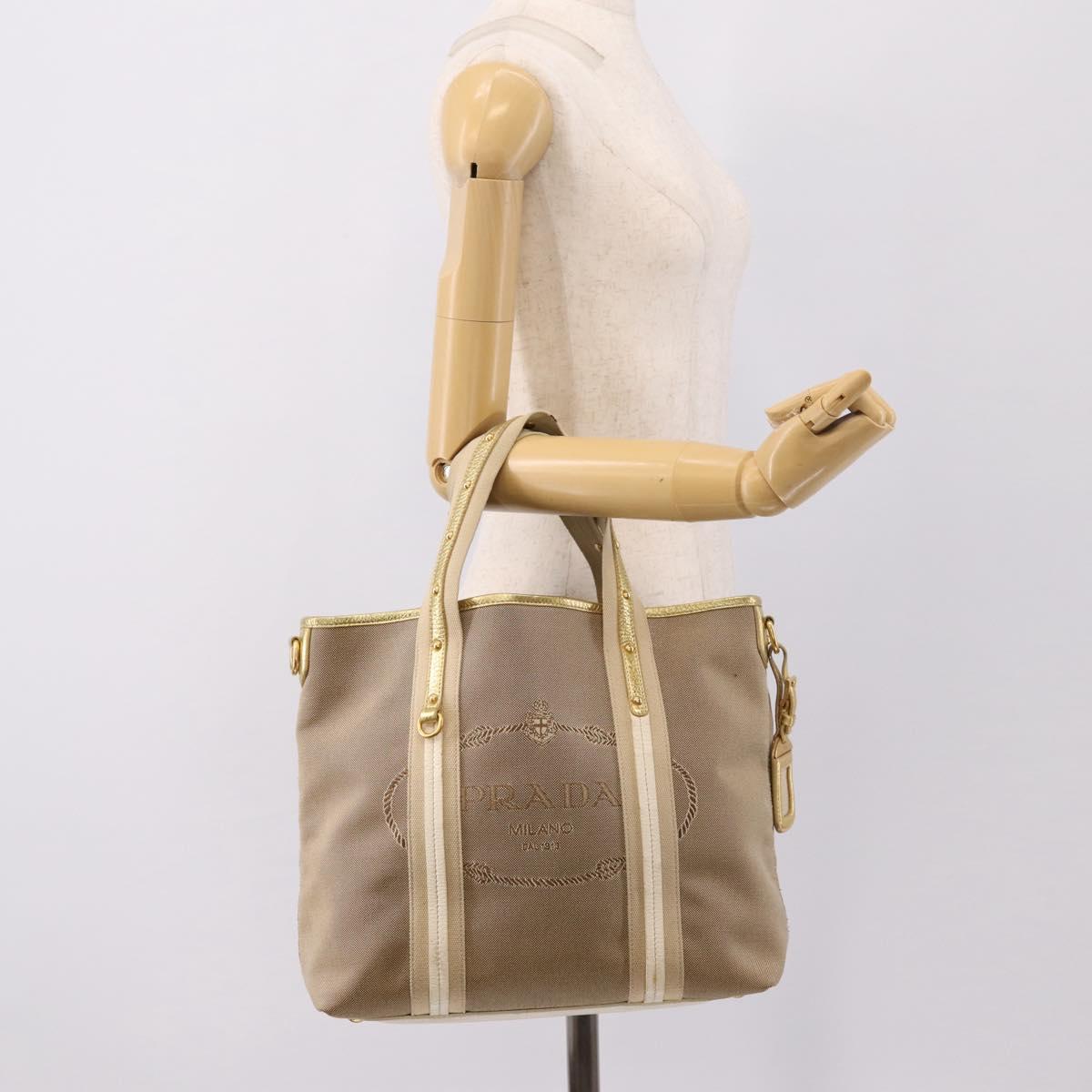 PRADA Hand Bag Jacquard Beige Gold Auth 202467