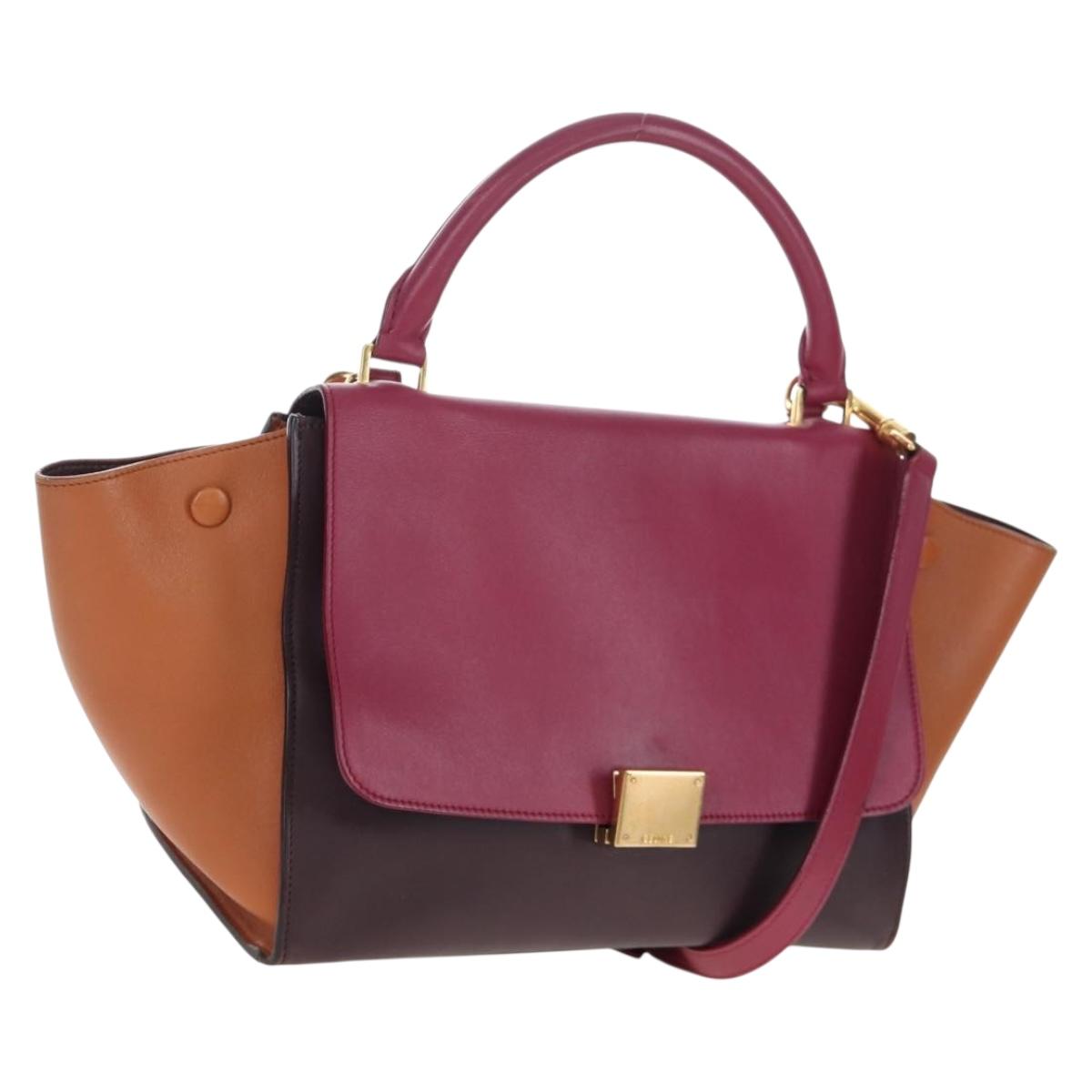 CELINE Trapeze Hand Bag Leather 2way Bordeaux Gold Auth 202503A
