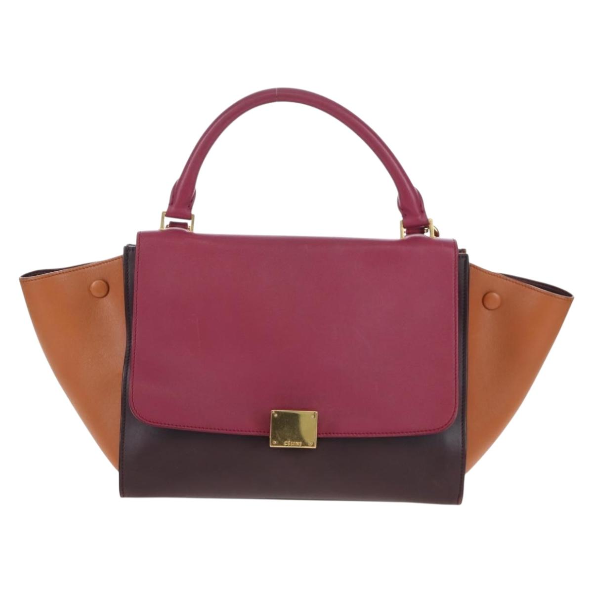 CELINE Trapeze Hand Bag Leather 2way Bordeaux Gold Auth 202503A