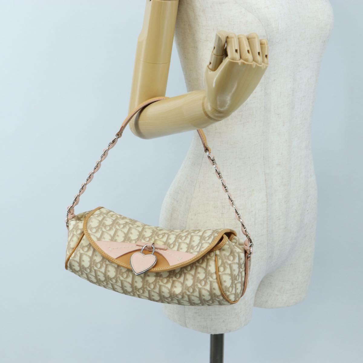 Christian Dior Trotter Canvas Romantic Chain Bag PVC Beige Silver Auth 202506SAM