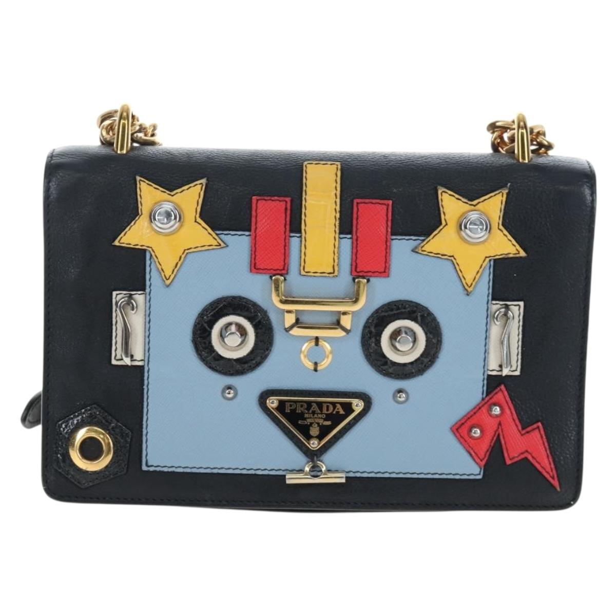 PRADA Chain Shoulder Bag Leather Black Gold Auth 202514M