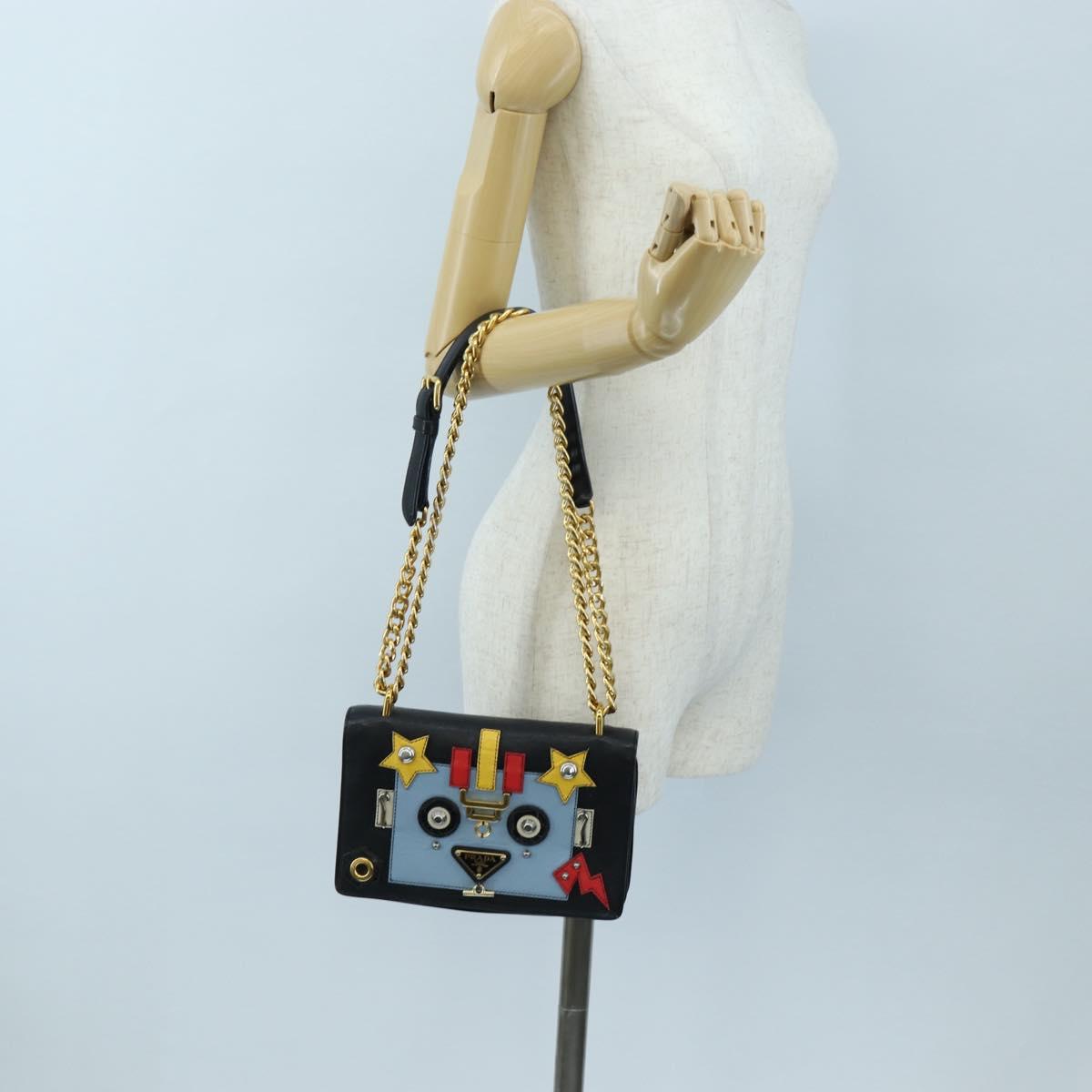 PRADA Chain Shoulder Bag Leather Black Gold Auth 202514M