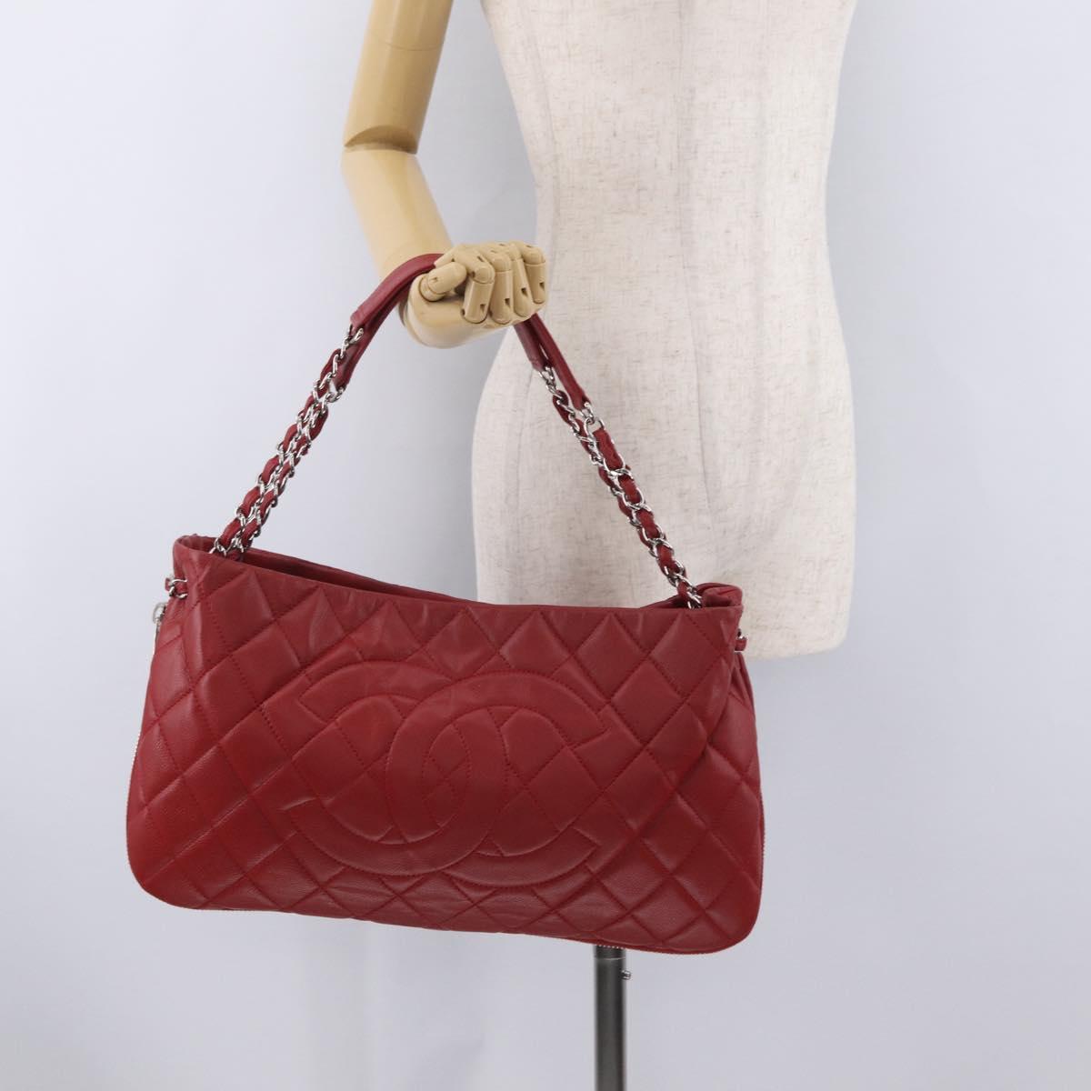 CHANEL Chain Shoulder Bag Caviar Skin Red Silver CC Auth 202542V