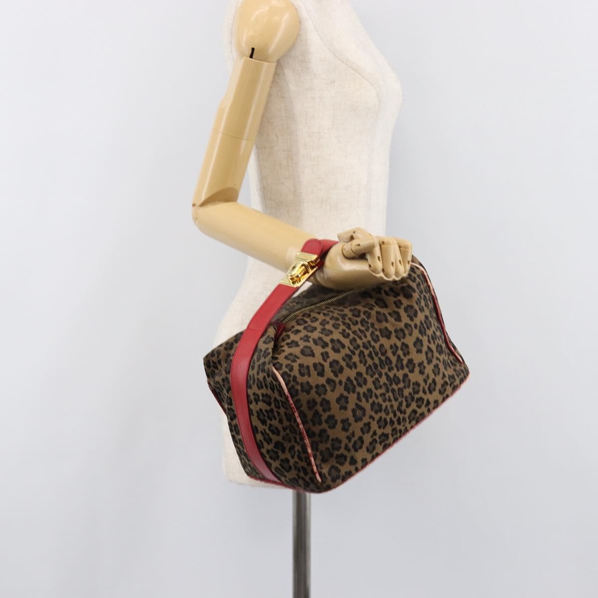 FENDI Vanity Cosmetic Pouch Canvas Brown Gold Tone Leopard Auth 202585