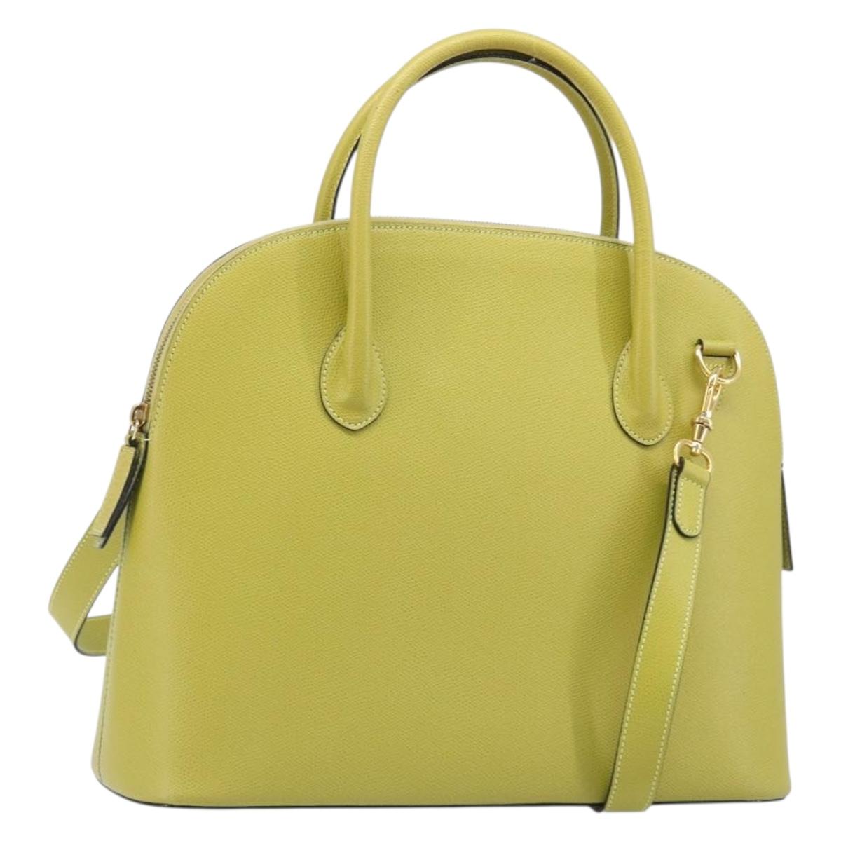 CELINE Hand Bag Leather 2way Green Gold Tone Auth 202586