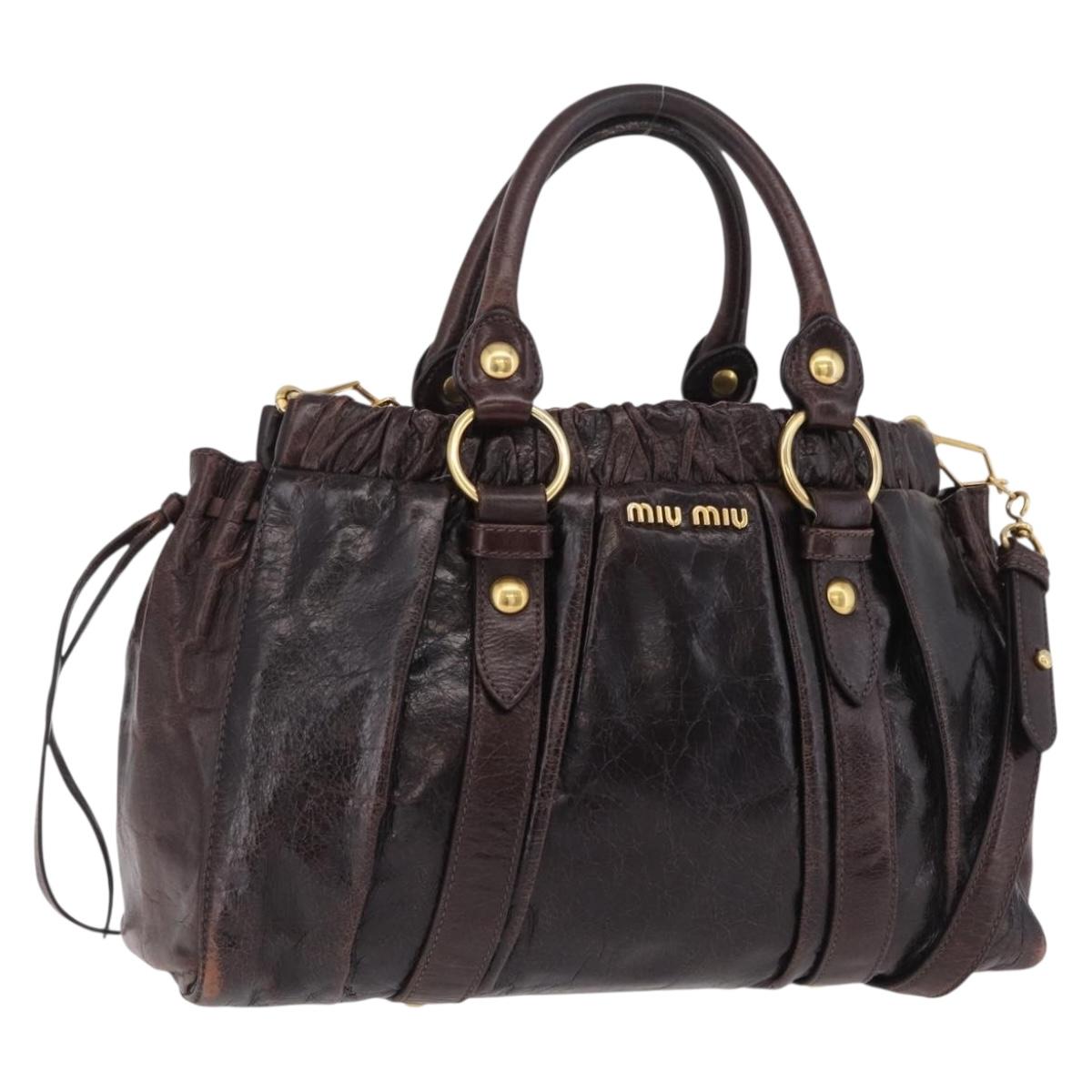 Miu Miu Hand Bag Vitellolux 2way Dark Brown Gold Auth 202590V