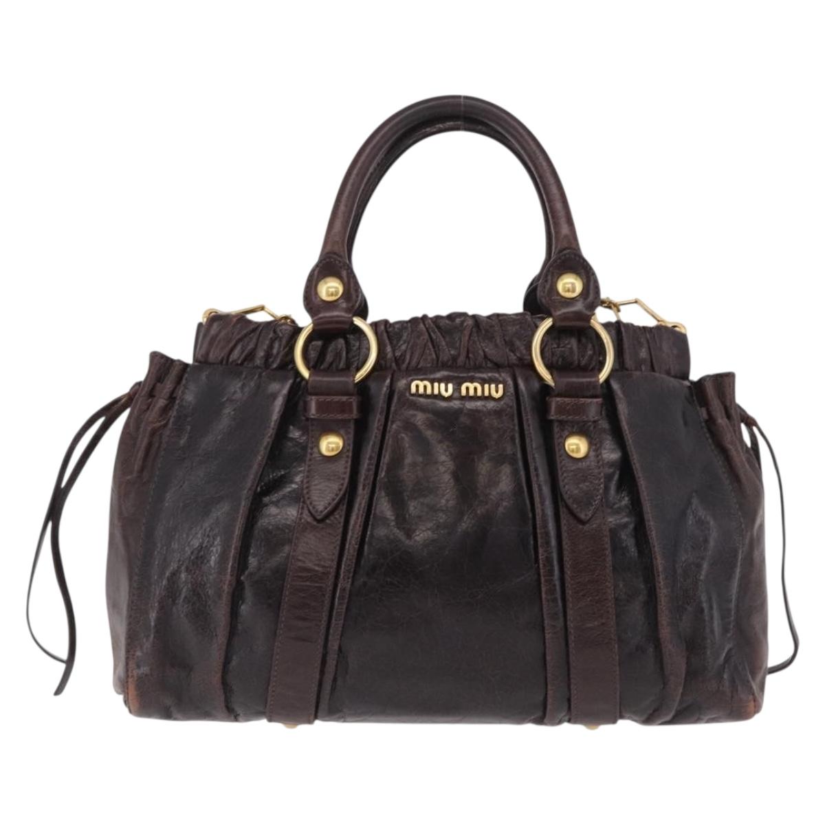 Miu Miu Hand Bag Vitellolux 2way Dark Brown Gold Auth 202590V