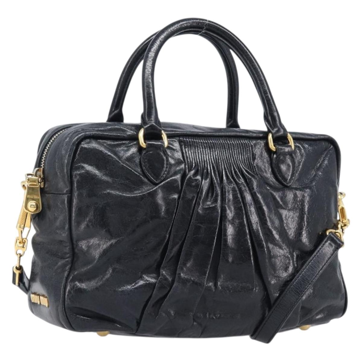 Miu Miu Vitellolux Matelasse Hand Bag Leather 2way Black Gold Tone Auth 202629V