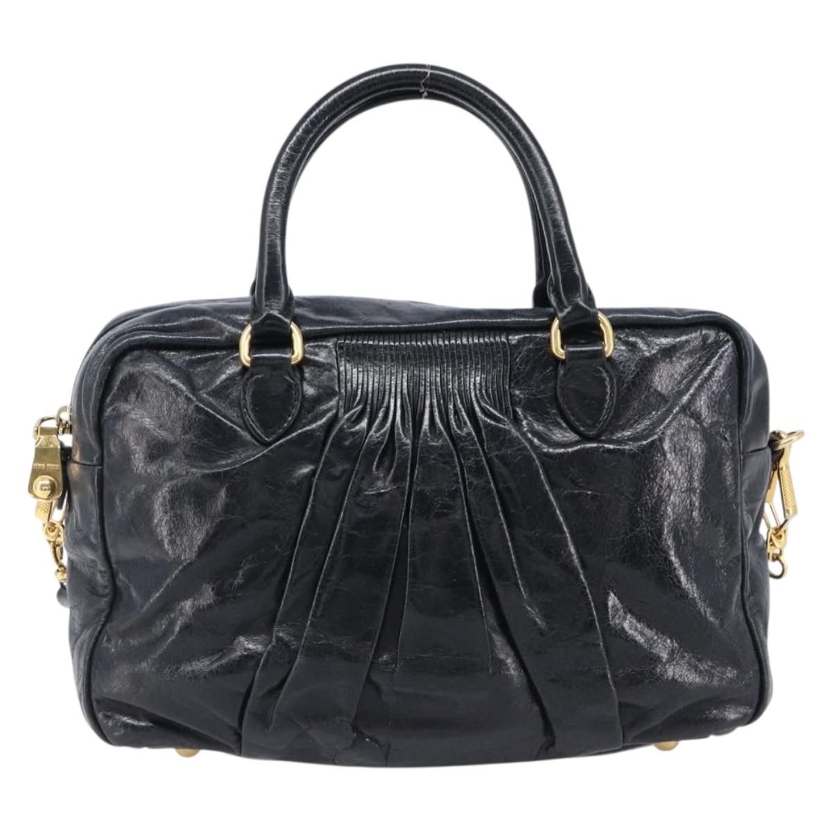 Miu Miu Vitellolux Matelasse Hand Bag Leather 2way Black Gold Tone Auth 202629V
