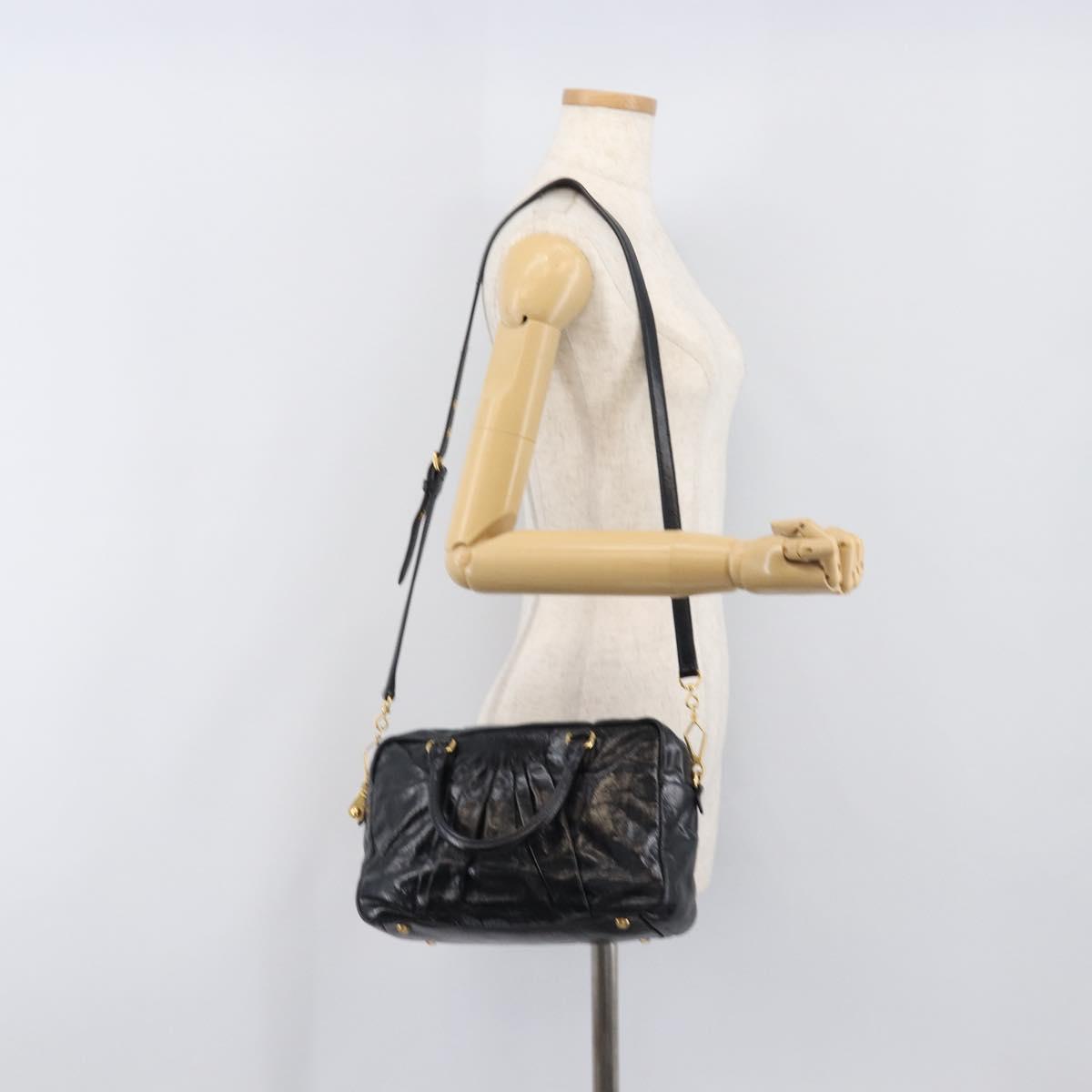 Miu Miu Vitellolux Matelasse Hand Bag Leather 2way Black Gold Tone Auth 202629V