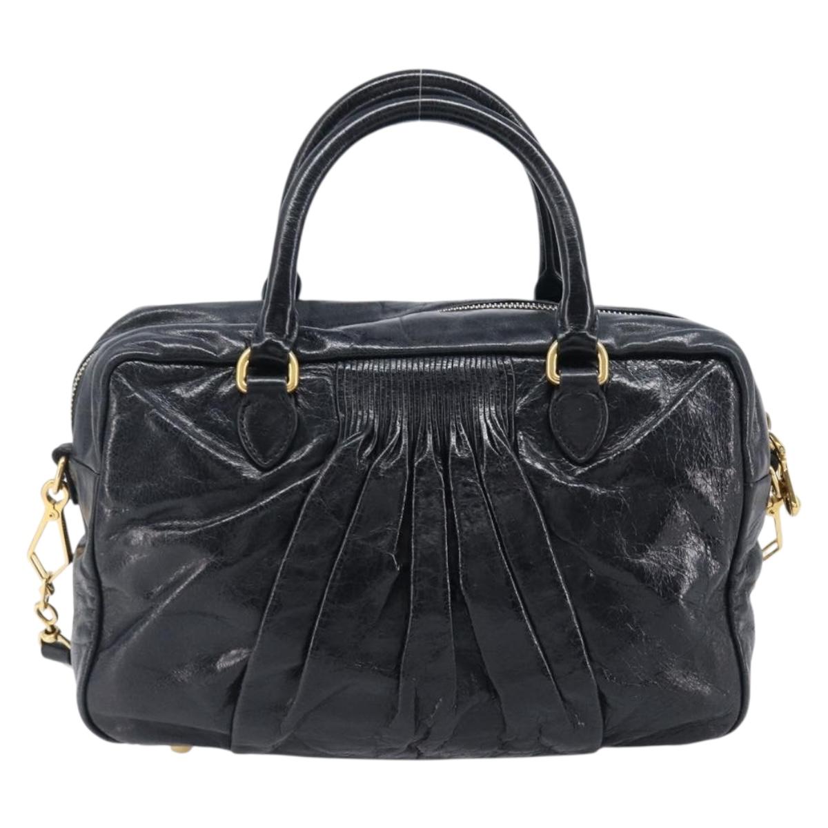 Miu Miu Vitellolux Matelasse Hand Bag Leather 2way Black Gold Tone Auth 202629V