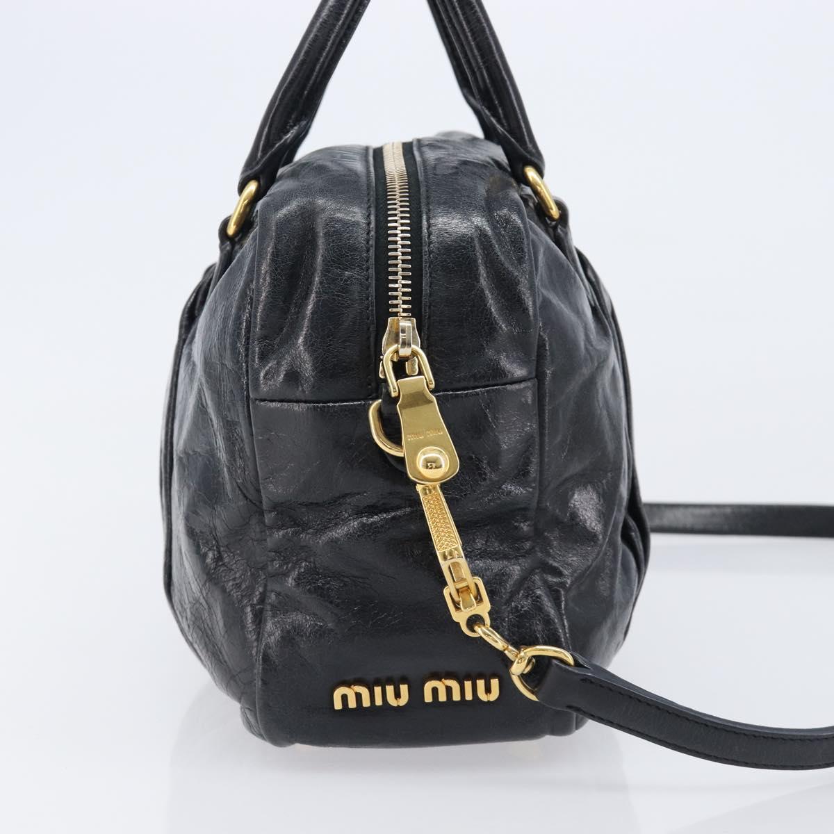 Miu Miu Vitellolux Matelasse Hand Bag Leather 2way Black Gold Tone Auth 202629V