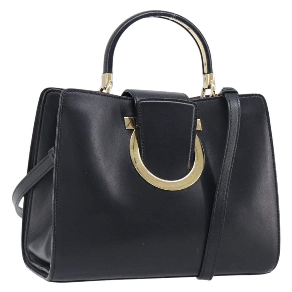 Salvatore Ferragamo Gancini Hand Bag Leather 2way Black Gold Tone Auth 202636V