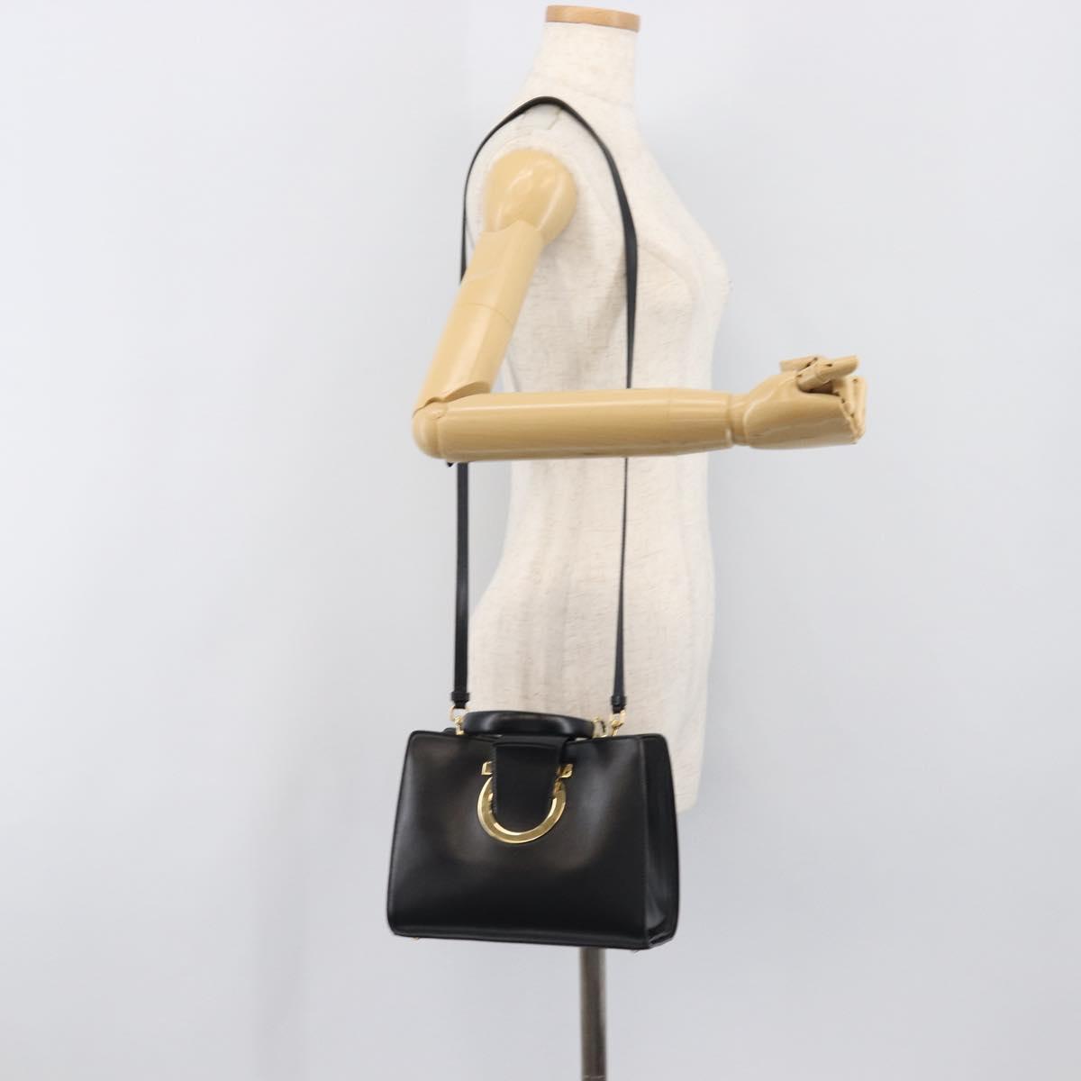 Salvatore Ferragamo Gancini Hand Bag Leather 2way Black Gold Tone Auth 202636V