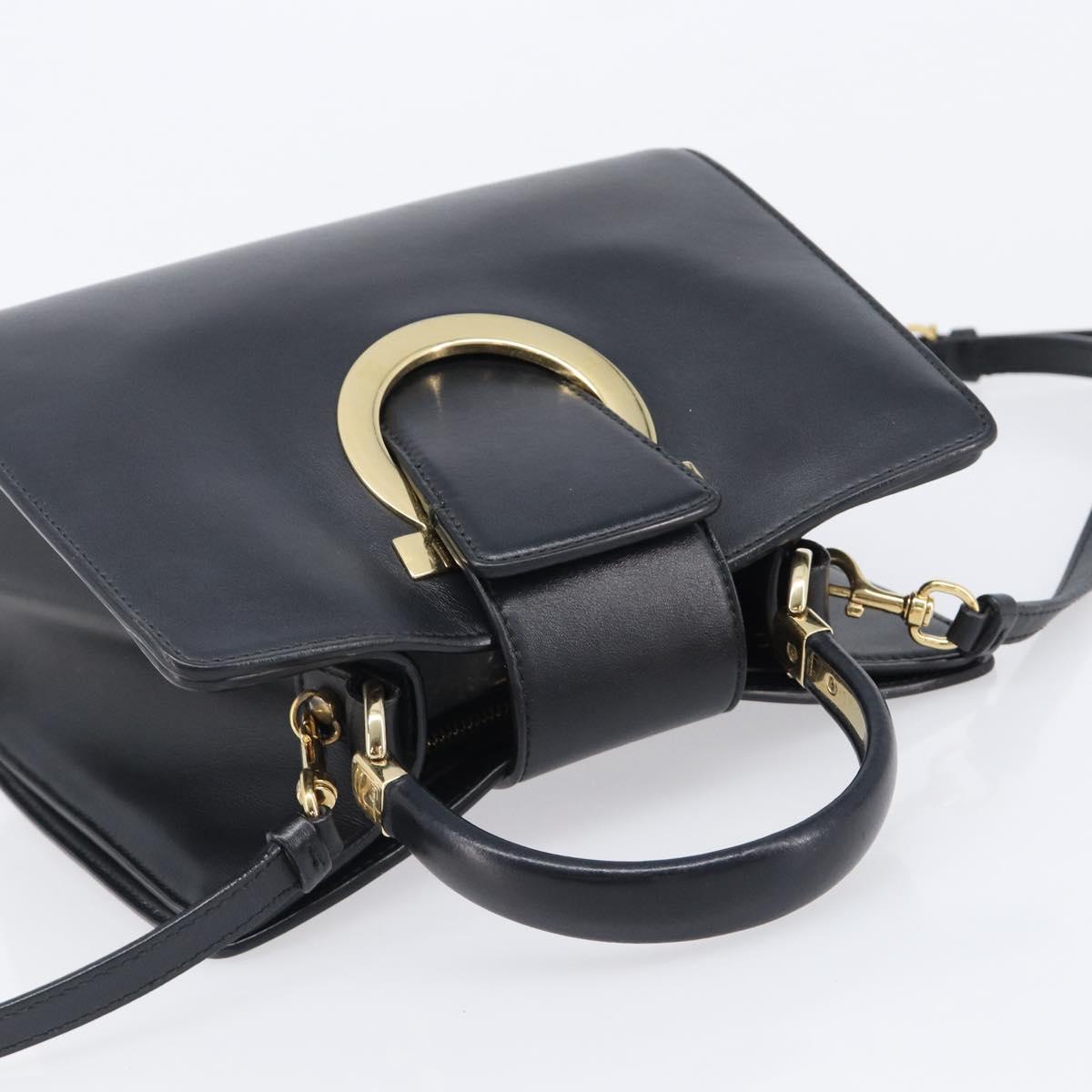 Salvatore Ferragamo Gancini Hand Bag Leather 2way Black Gold Tone Auth 202636V